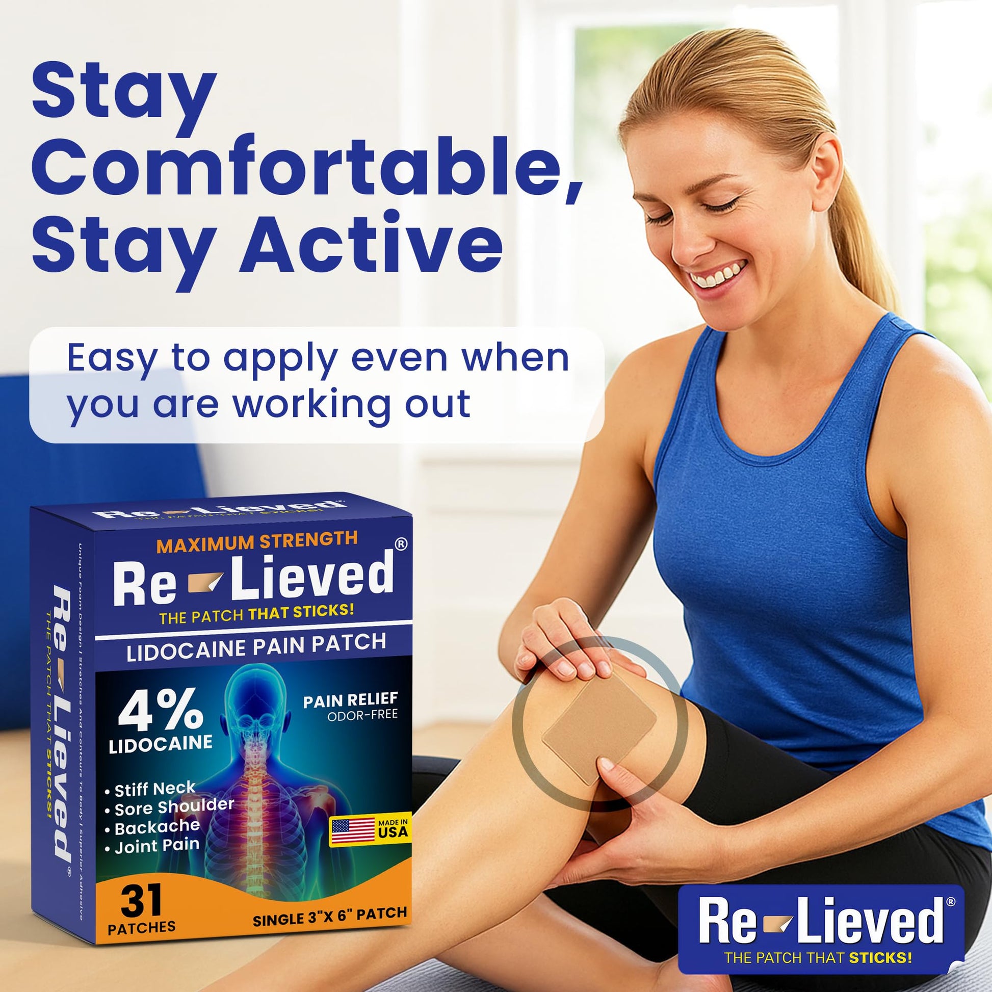 Re-Lieved 4% Lidocaine Patches Maximum Strength - Aluminum-Free, Water Resistant and USA Made -Superior Sticking Pain Relief Patches Quickly Relieves Back, Joints and Muscle Pain-3x6 Inches (31 Count) Re-lievedAu supplements