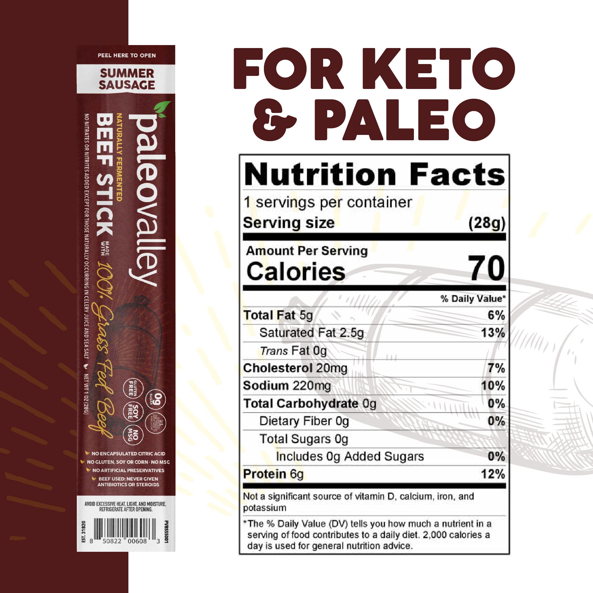 Paleovalley 100% Grass Fed Summer Sausage Beef Sticks - Delicious Gluten Free Beef Snack - High Protein Keto Friendly PaleovalleyUS supplements