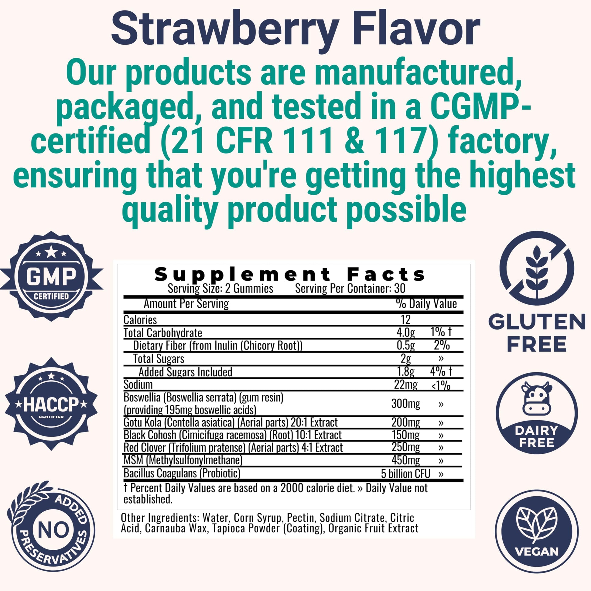 Boswellia Serrata Black Cohosh Gotu Kola Red Clover Extract Complex Gummies w. Probiotic Fiber (Chicory Root Inulin) MSM Methylsulfonylmethane, Supplement Alt for Organic Powder Capsules Tincture SHIZAMAu supplements