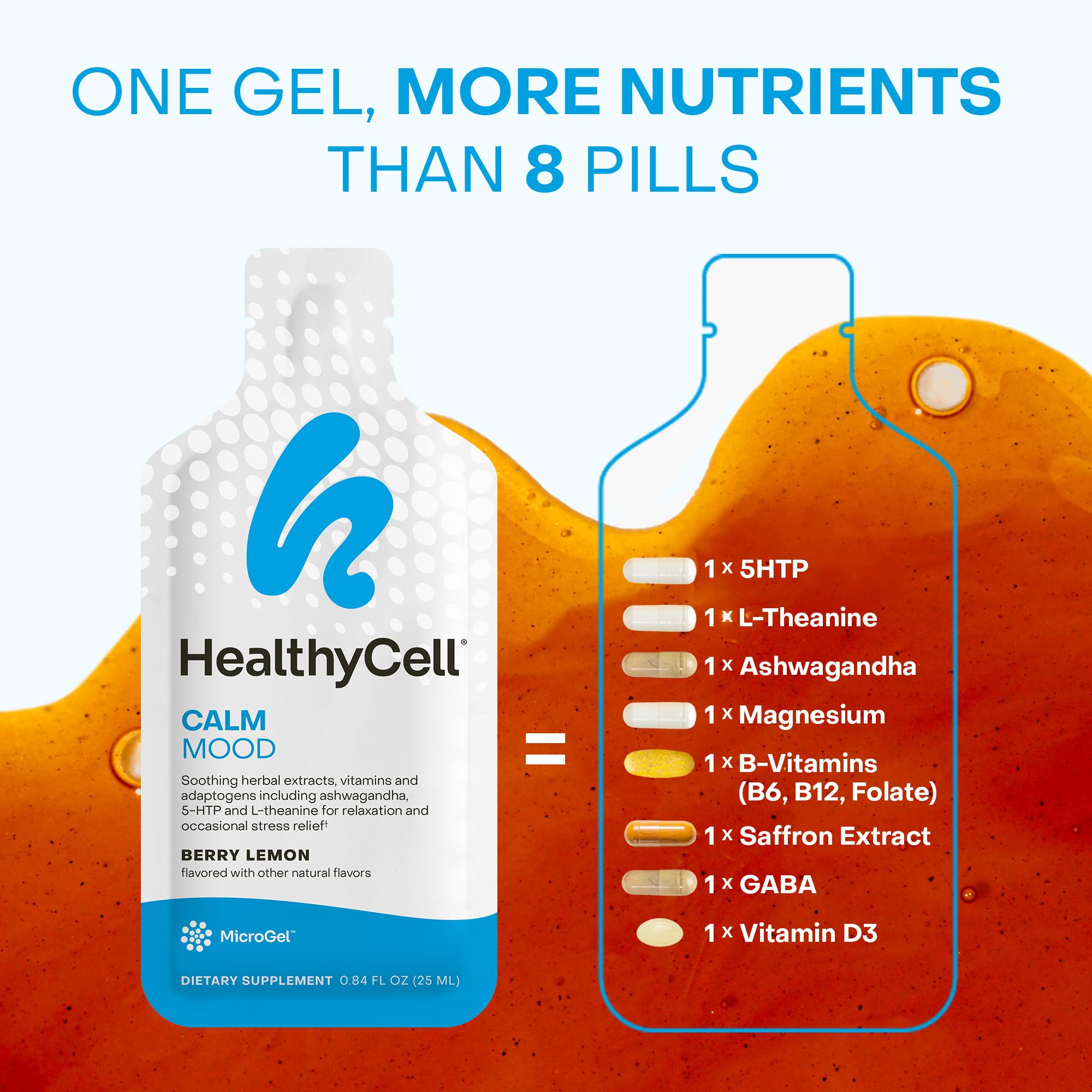 Healthycell Calm Mood Daily Liquid Supplement - Cortisol Manager & Mood Support Supplement for Stress with Ashwagandha, L-Theanine, Magnesium, 5-HTP, GABA & Saffron - 30 Gel Packs HealthycellAu supplements