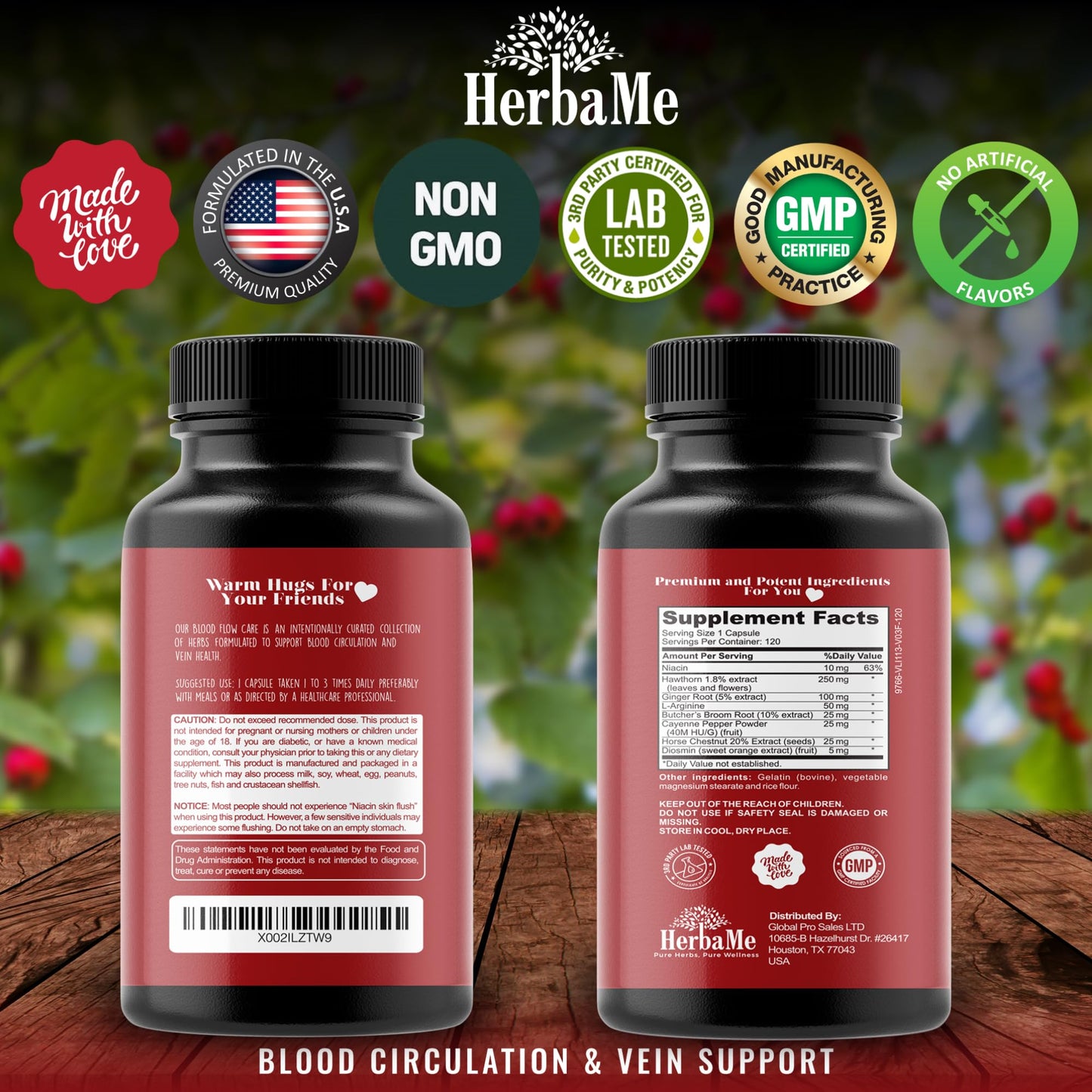 HerbaMe Blood Circulation Supplement, 120 Capsules, Supports Leg Vein, Heart, Vessels and Cardiovascular Health with Niacin, L-Arginine, Ginger, Cayenne Pepper HerbaMeUS supplements