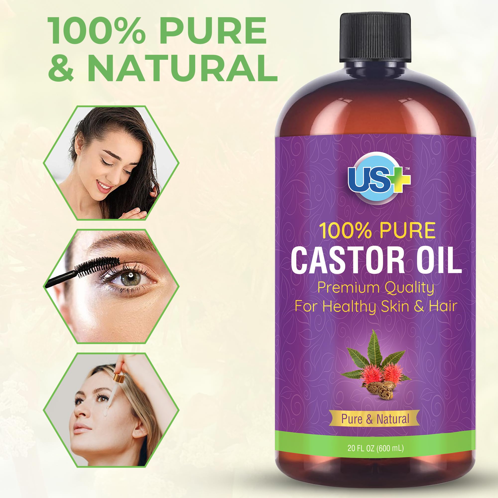 Us+ 20oz 100% Pure Castor Oil - Cold-pressed, Unrefined, Hexane-free - USP Grade - Premium Quality Us+Au supplements