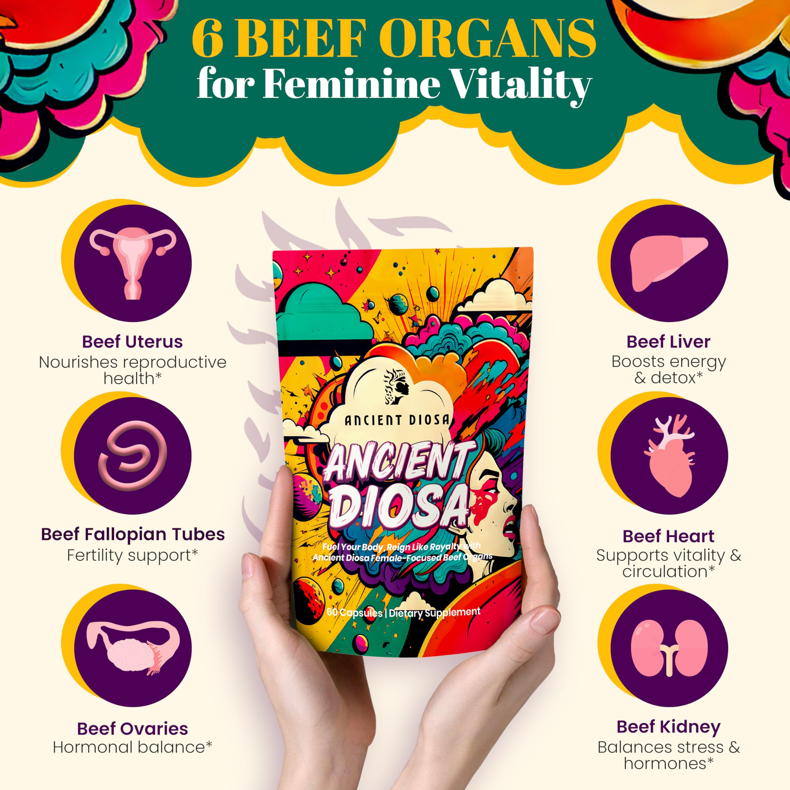ANCIENT DIOSA Grass Fed Beef Liver Capsules - Female-Focused Organ Supplement with Liver, Heart, Ovary & Uterus - Supports Hormone Balance & Vitality, Whole Body Wellness - 60 Capsules ANCIENT DIOSAAu supplements