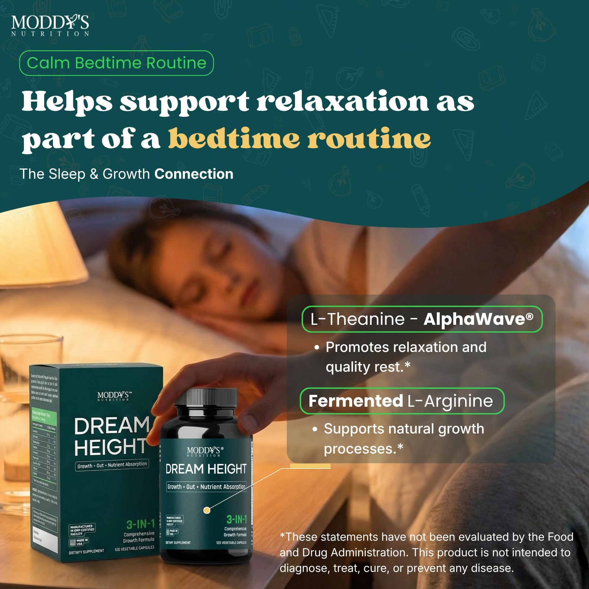 Moddy's Nutrition DreamHeight Growth Supplement for Kids & Teens, Bone, Immune & Sleep Support, Clinically Studied Formula, 120 Small Easy-to-Swallow Capsules Moddy's NutritionAu supplements