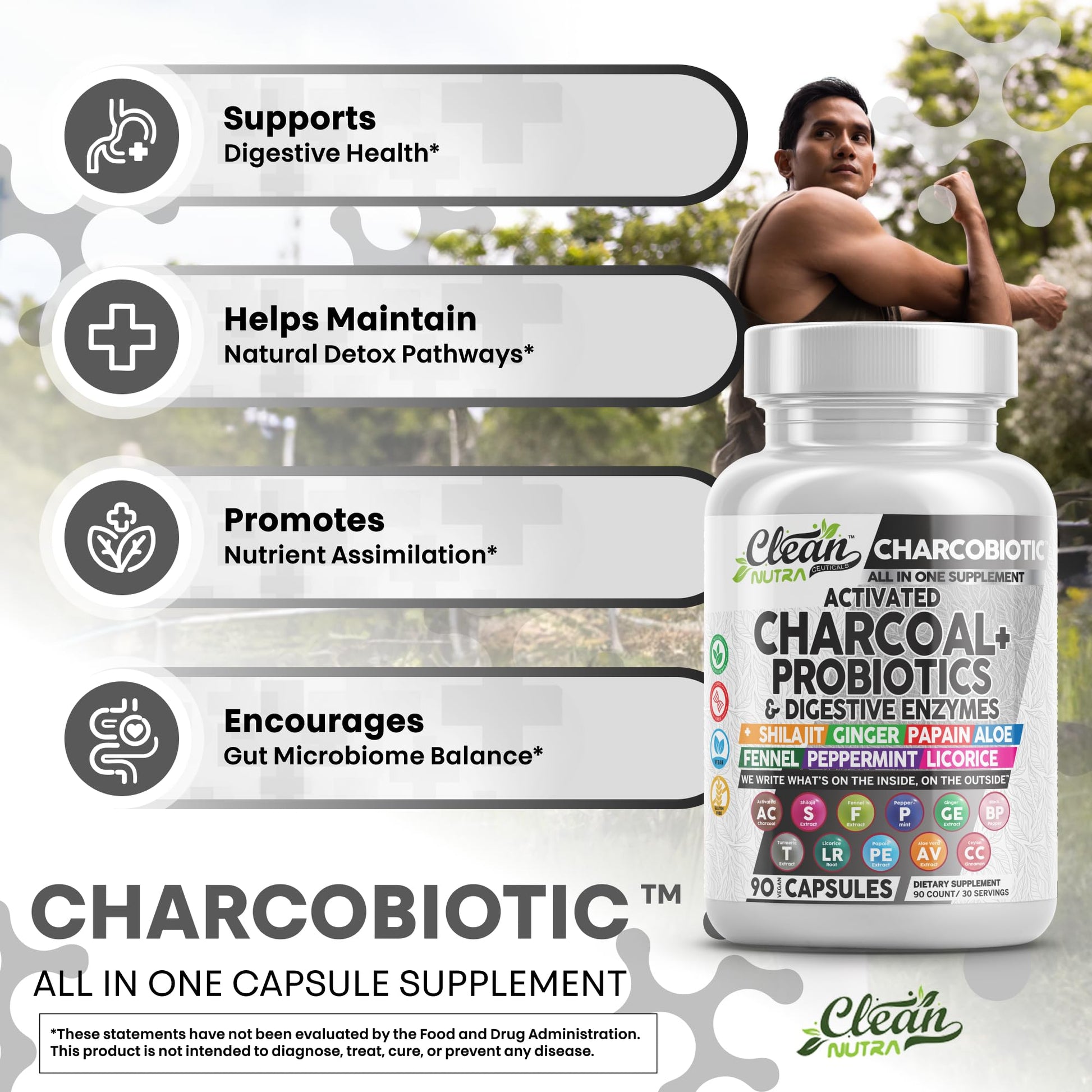 Clean Nutra Activated Charcoal Pills + Shilajit Probiotic Digestive Enzymes for Digestive Health Capsules with Peppermint Fennel Licorice Papain Ginger Turmeric Powder | Gut Health Clean NutraceuticalsAu supplements