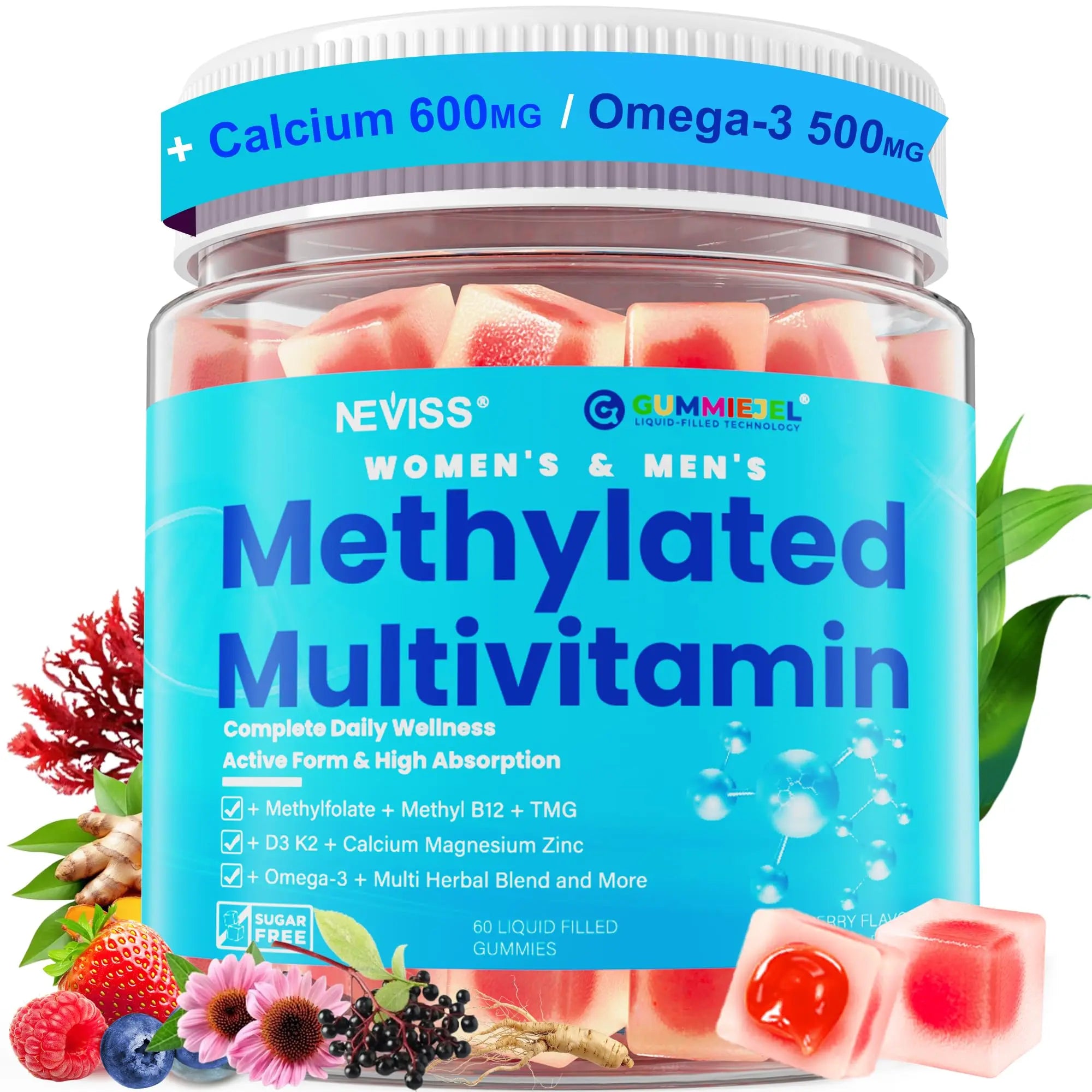 Methylated Multivitamin for Women & Men Gummies w/ Omega-3, Calcium, D3 K2, Methylfolate & B12, TMG, Daily Vitamins, Mag, CoQ10, Probiotic for 18 30 40 50 60 70+, Overall Health - Vegan, Sugar Free NEVISSAu supplements