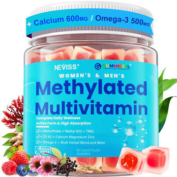 Methylated Multivitamin for Women & Men Gummies w/ Omega-3, Calcium, D3 K2, Methylfolate & B12, TMG, Daily Vitamins, Mag, CoQ10, Probiotic for 18 30 40 50 60 70+, Overall Health - Vegan, Sugar Free NEVISSAu supplements