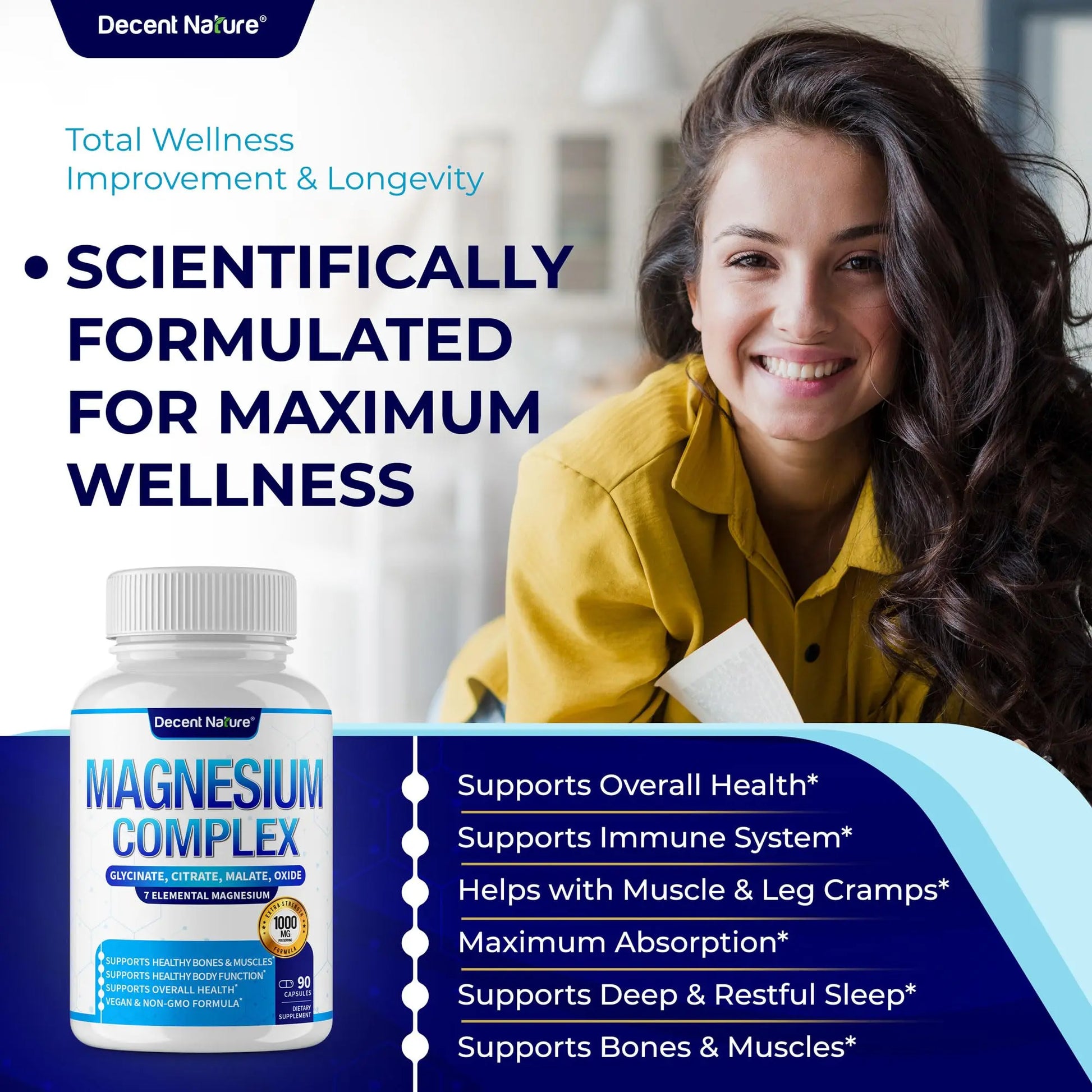 Magnesium Complex 7 Elemental Magnesium Supplement 1000mg – Magnesium Glycinate, Citrate, Malate, Taurate, Oxide, Aspartate, Orotate Non-GMO 90 Capsules DECENT NATUREnz supplements