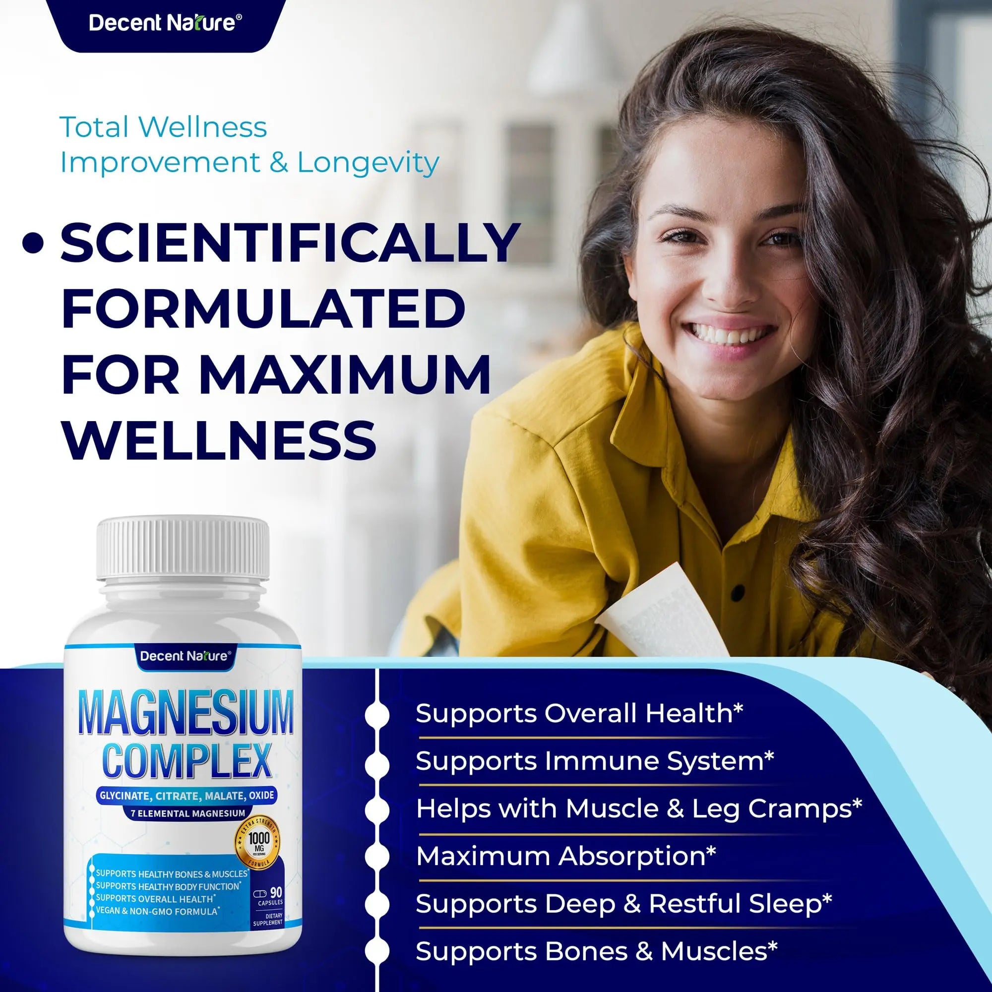 Magnesium Complex 7 Elemental Magnesium Supplement 1000mg – Magnesium Glycinate, Citrate, Malate, Taurate, Oxide, Aspartate, Orotate Non-GMO 90 Capsules DECENT NATUREnz supplements