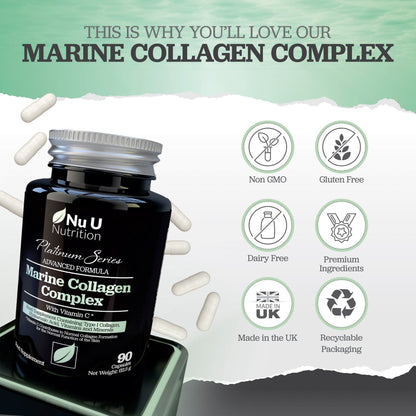 Marine Collagen with Hyaluronic Acid, Vitamin C - 90 Hydrolysed Capsules (not Tablets) - Premium High Strength Collagen Nu U NutritionUS supplements