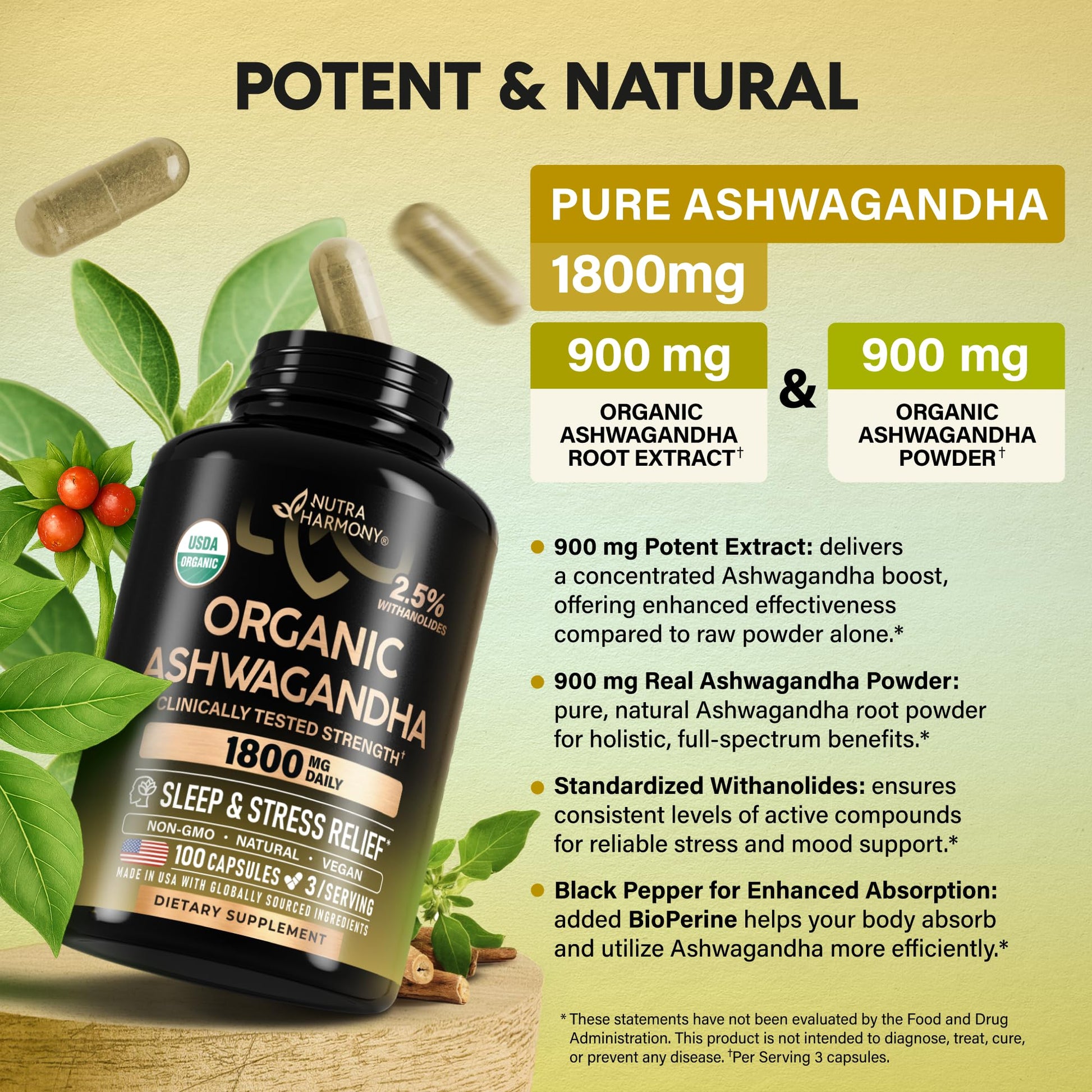 Ashwagandha Supplements 1800mg - USDA Organic Ashwagandha for Women & Men - Clinically Effective Strength for Stress Relief & Sleep - Powder & Root Extract 2.5% Withanolides - Made in USA 100 Capsules NUTRAHARMONYAu supplements