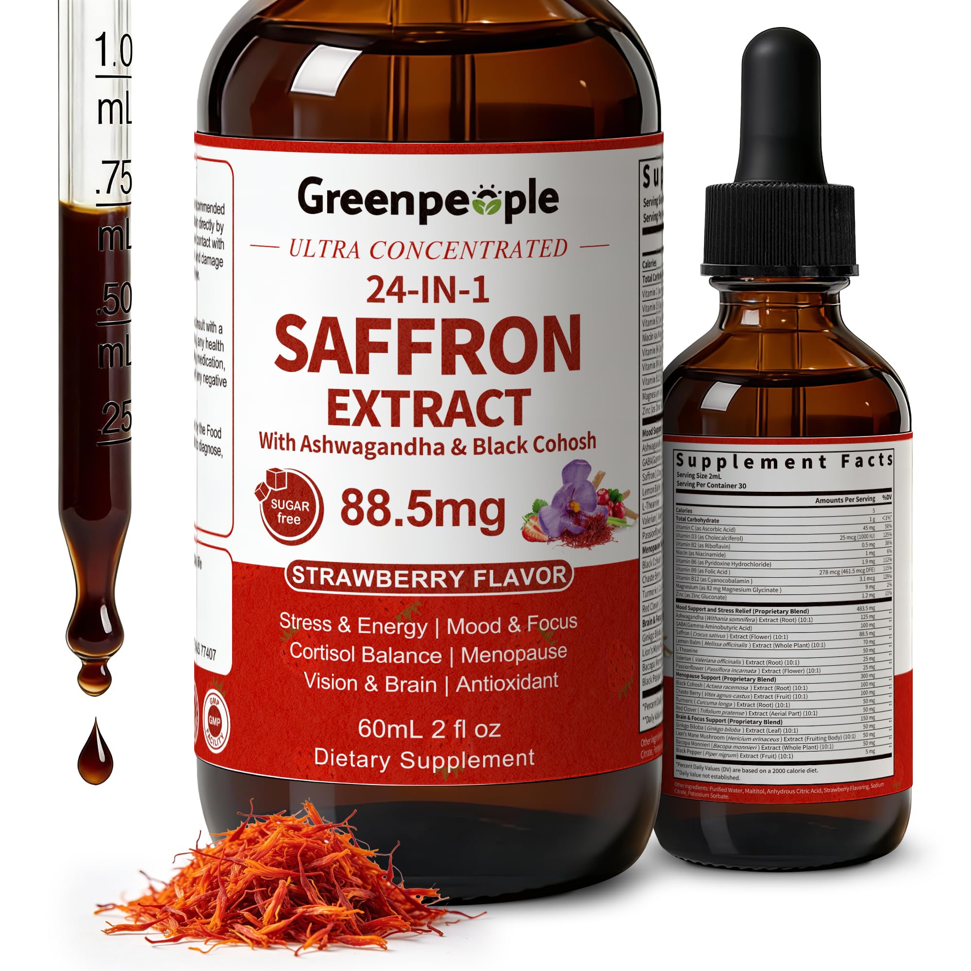 GREENPEOPLE Saffron Extract Supplements Drop - 24-in-1 88.5mg Saffron Extract with Ashwagandha,Black Cohosh & Lion's Mane for Mood&Focus,Stress Relief,Cortisol Reducer,Menopause – Vegan 2FL OZ GREENPEOPLEAu supplements