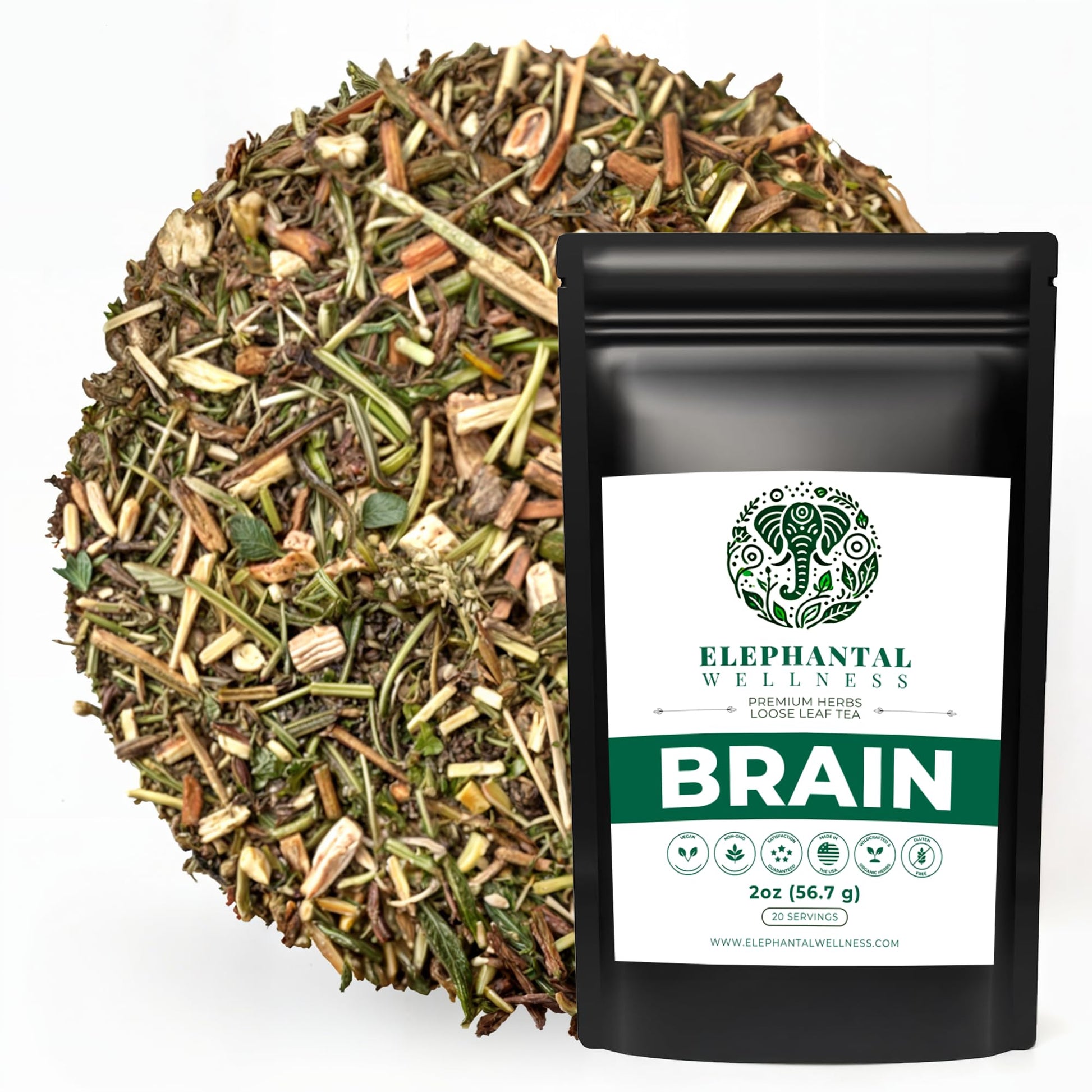 Elephantal Wellness Premium Brain Herbal Tea | Nootropic Focus & Mental Clarity with Ginkgo, Bacopa, Gotu Kola & Rosemary | Non-GMO, Caffeine-Free Coffee Alternative, Handmade Loose Leaf Blend, 2oz Loose Leaf, 20 Servings Elephantal WellnessAu supplements
