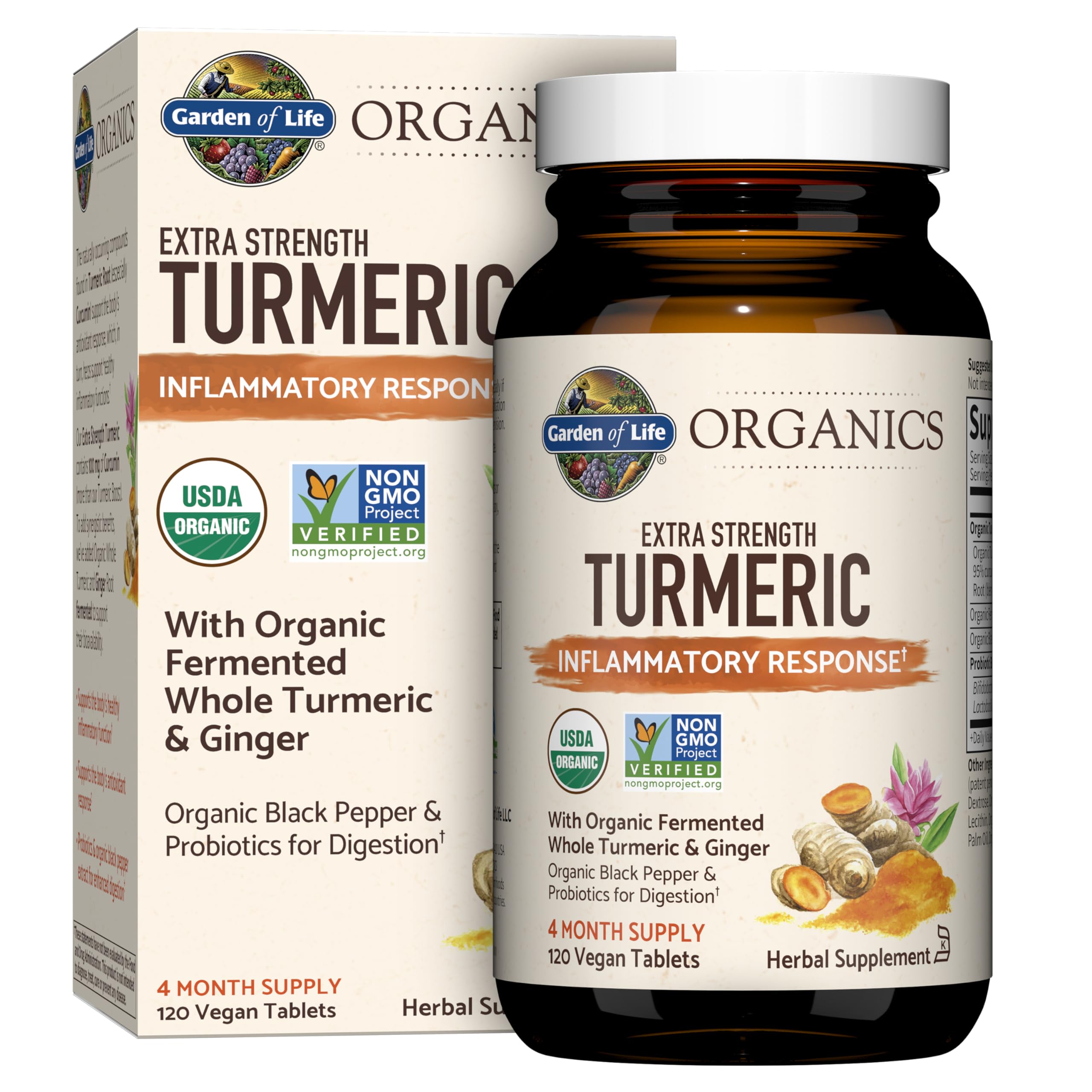 Garden of Life Organics Extra Strength Turmeric Inflammatory Response 120 Tablets-100Mg Curcumin (95% Curcuminoids) Black Pepper, Probiotics, Organic Non-GMO Vegan Gluten Free Herbal Supplement Garden of LifeAu supplements