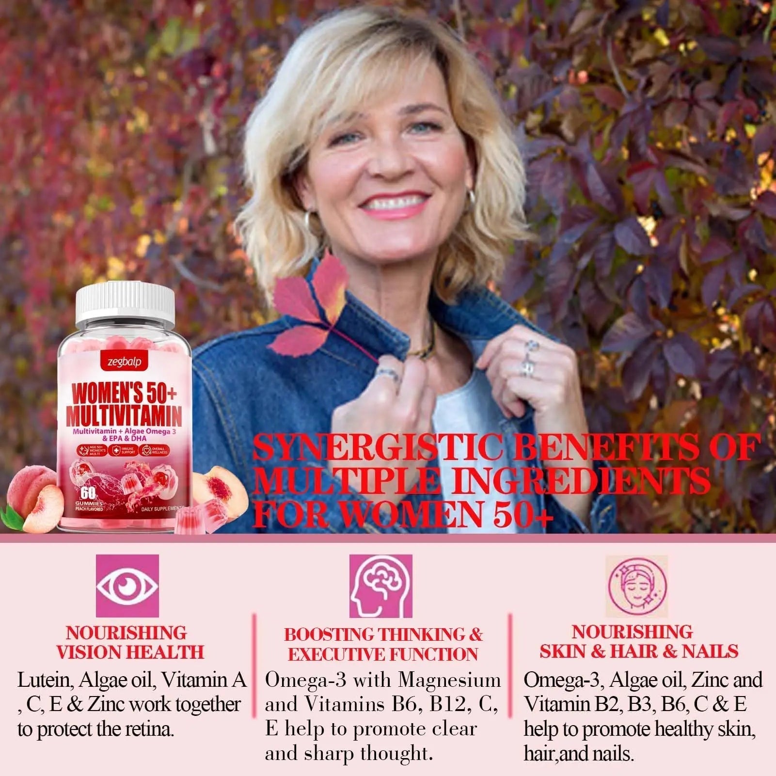 ZEGBALP Sugar-Free Womens Multivitamin 50 Plus Gummies with Calcium, Magnesium, Zinc, Vitamin A, C, D3, E, K2, B Complex, Folate, Biotin ZEGBALPAu supplements