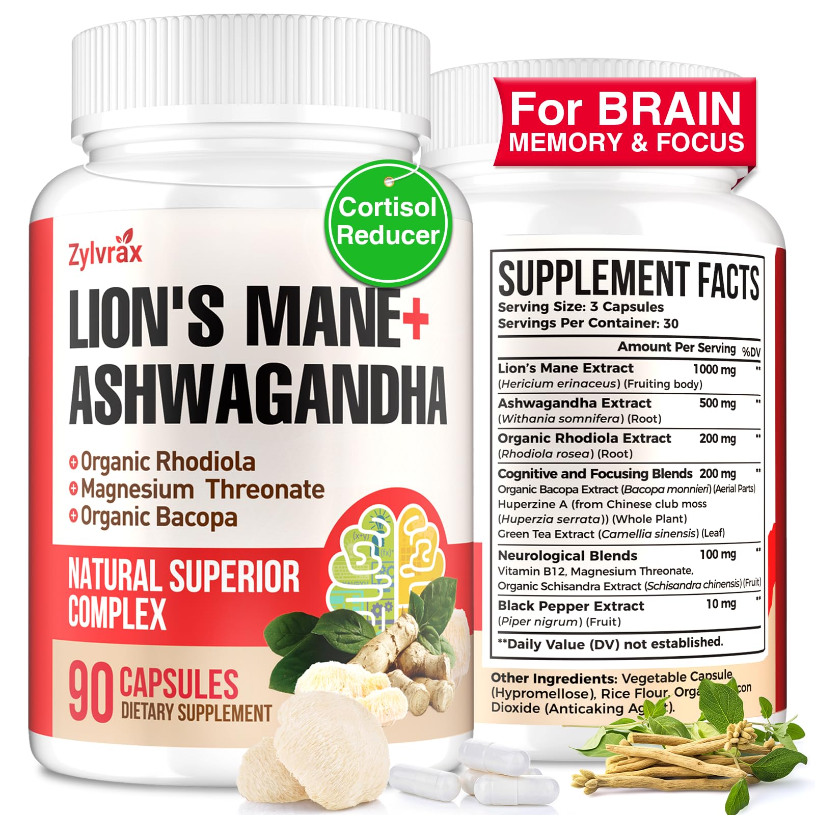 Ashwagandha & Lions Mane Supplements Capsules, Brain Supplements for Memory and Focus, Ashwagandha with Rhodiola Rosea for Cognitive, Immune Support, Cortisol Supplements for Women, 90 Capsules ZylvraxAu supplements