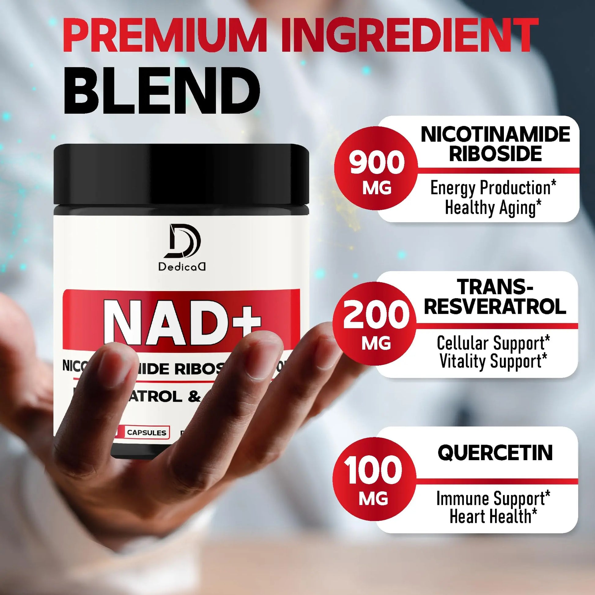 DEDICAD NAD Supplement with Nicotinamide Riboside, Trans-Resveratrol, Quercetin - Cellular Energy & Repair, Vitality, Healthy Aging - 60 Count DEDICADnz supplements