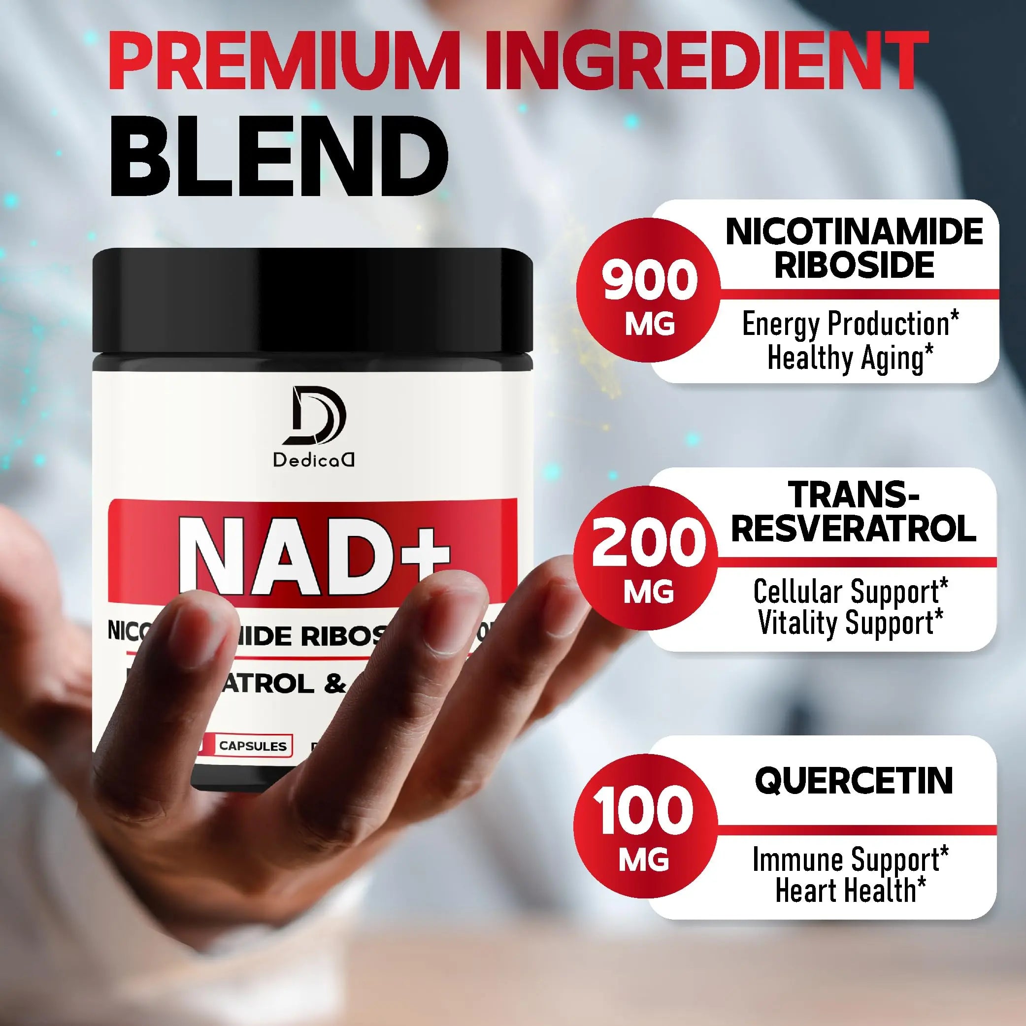 DEDICAD NAD Supplement with Nicotinamide Riboside, Trans-Resveratrol, Quercetin - Cellular Energy & Repair, Vitality, Healthy Aging - 60 Count DEDICADnz supplements