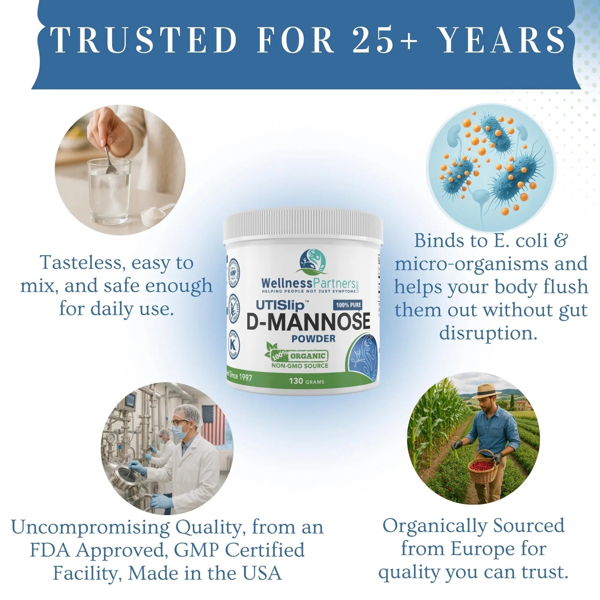 Now New UTI-Slip D Mannose Non GMO Organic Source Powder 130g jar. WellnessPartnersAu supplements