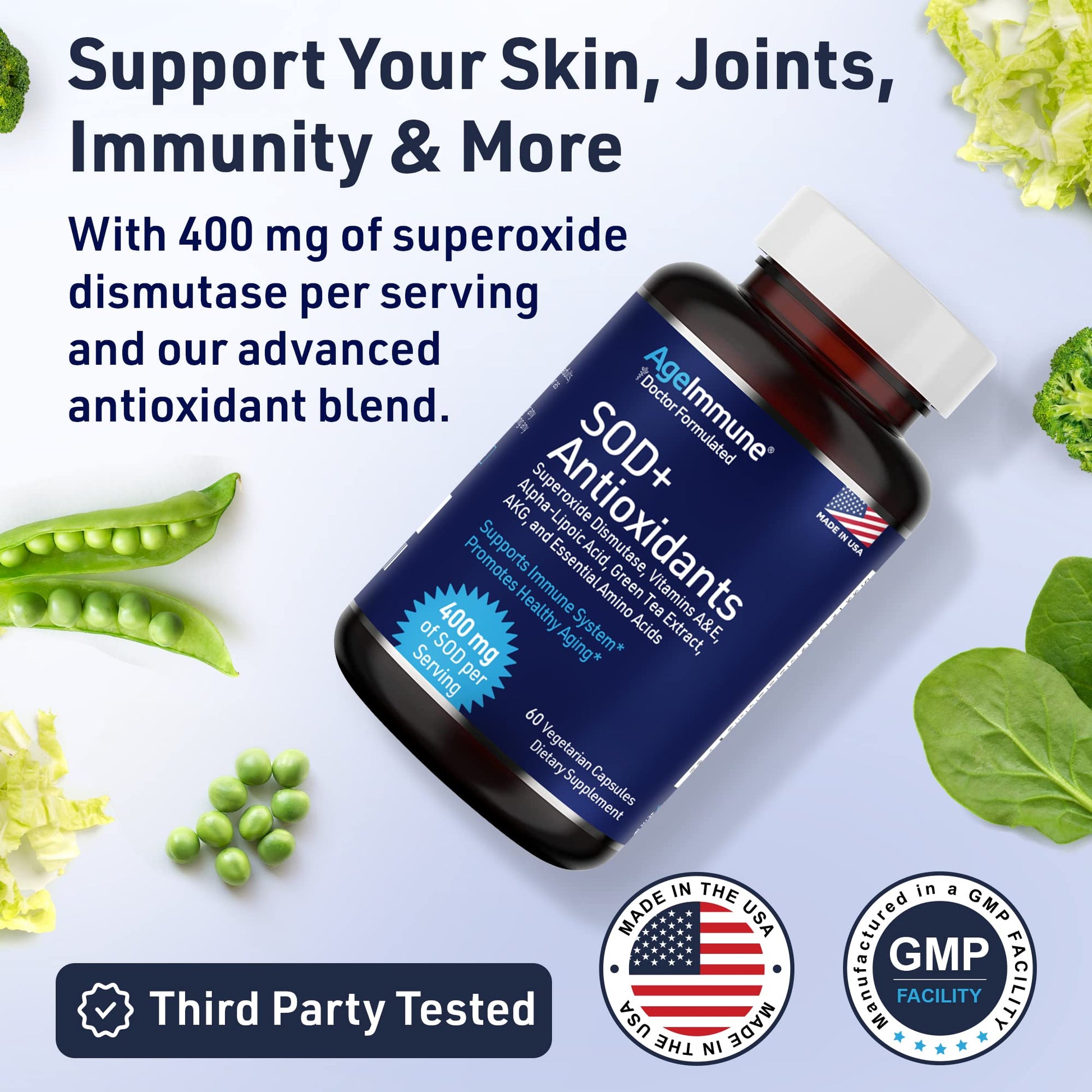 SOD Antioxidants Complex Healthy Aging Supplement - 400mg of Superoxide Dismutase - Alpha Lipoic Acid - L-Arginine -Lysine - AKG - Vitamin A - Vitamin E for Immune Support-60 Capsules AgeImmuneAu supplements