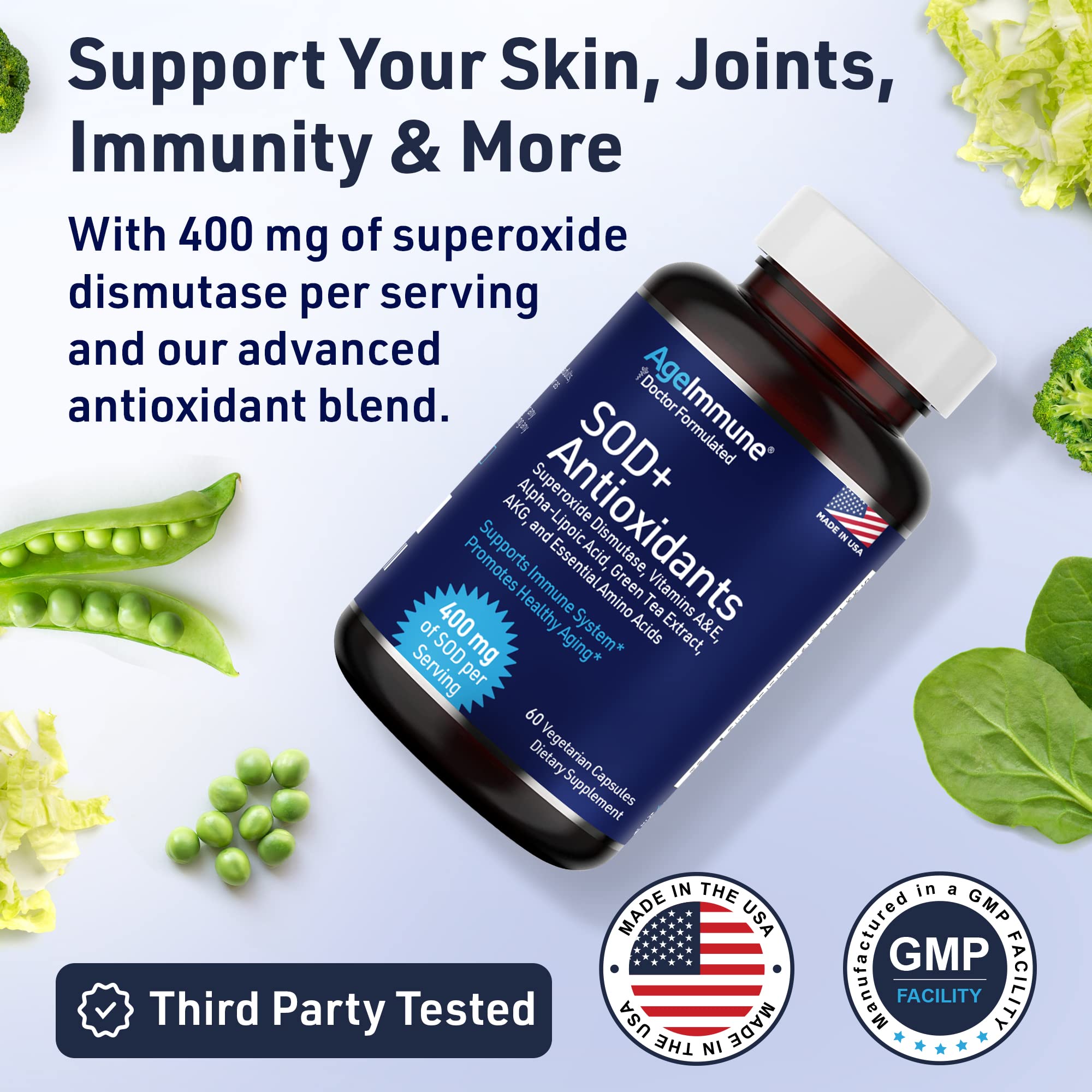 SOD Antioxidants Complex Healthy Aging Supplement - 400mg of Superoxide Dismutase - Alpha Lipoic Acid - L-Arginine -Lysine - AKG - Vitamin A - Vitamin E for Immune Support-60 Capsules AgeImmuneAu supplements