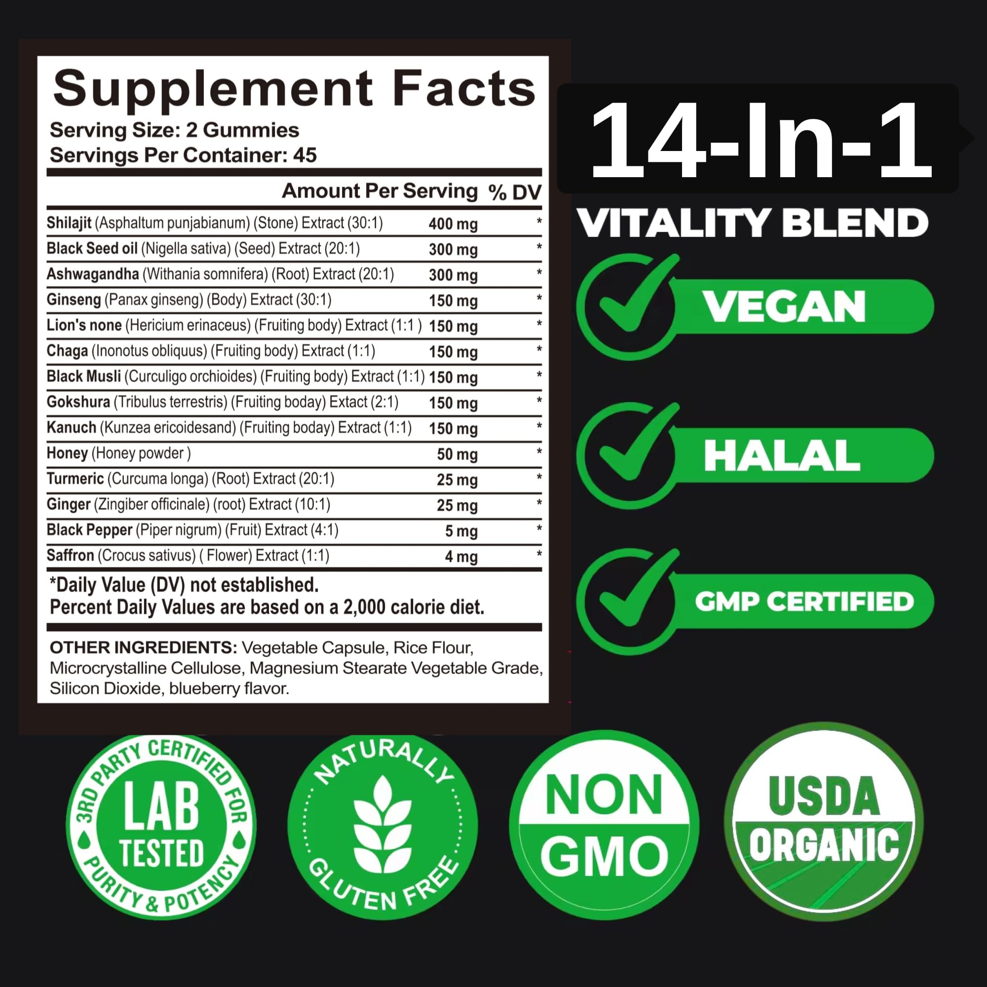 AyBet Organic Himalayan Shilajit Gold Gummies for Men and Women, Black Seed Oil, Ashwagandha, Ginseng, Turmeric, Gokshura, Lion's None, Lab Tested,%75 Fulvic Acid, No Sugar Added, Halal, 90Gummy AyBetAu supplements