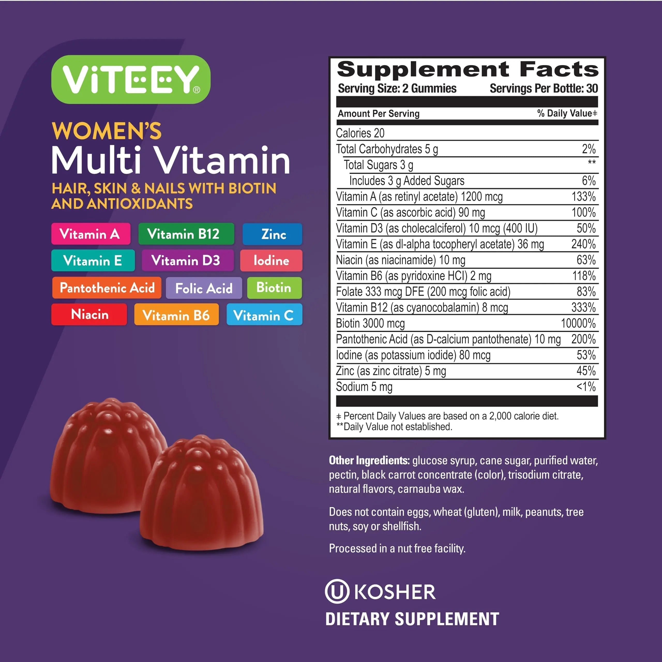 Viteey Womens Multivitamin Gummies - Immune Support - 12 in 1 Essential Vitamins & Minerals - Vitamin A, C, D3, E, B6, B12, Folic Acid, Biotin, Calcium ViteeyAu supplements