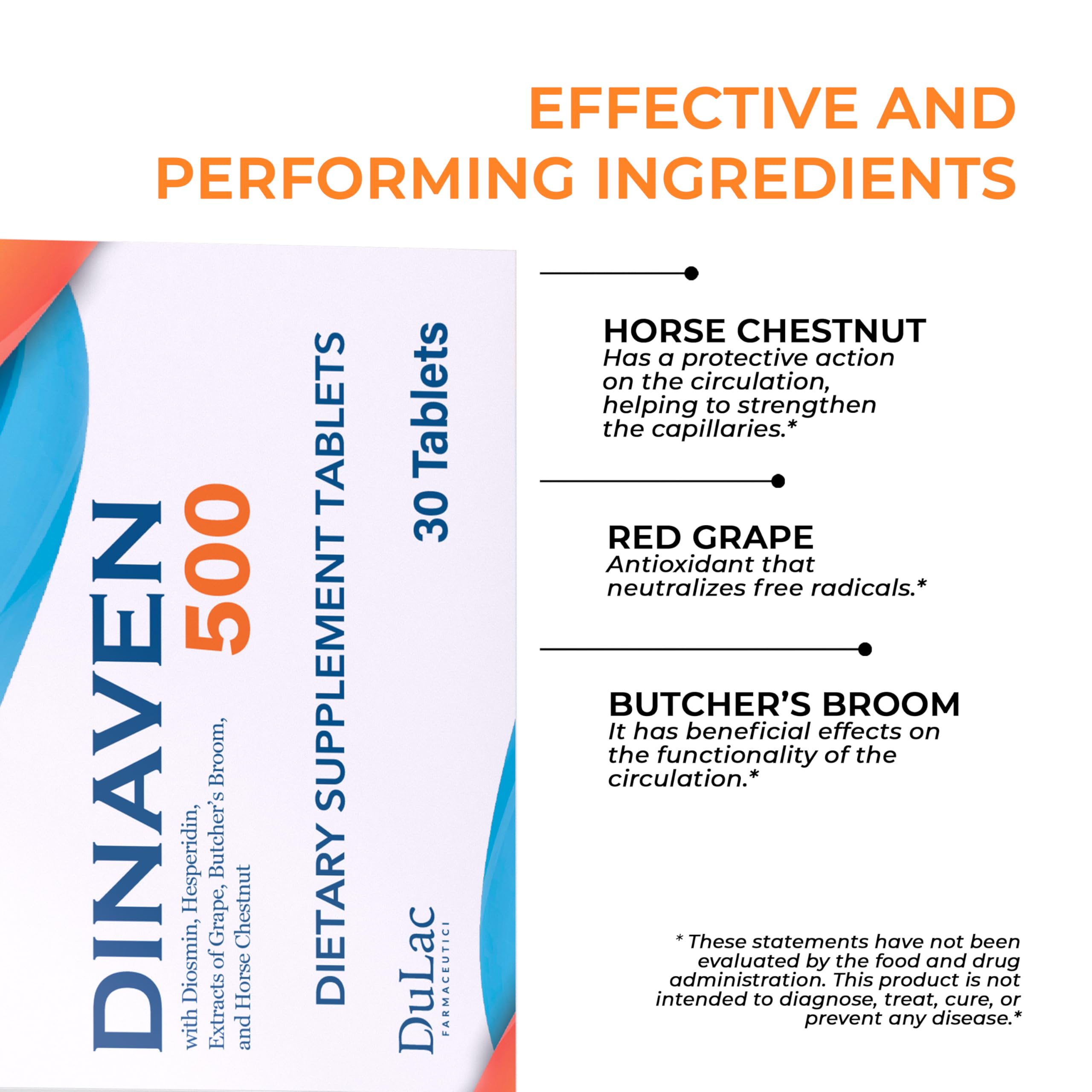 Dulac Dinaven 500, Micronized Diosmin Hesperidin Dietary Supplement 1000mg per serving, Horse Chestnut Extract, Butcher’s Broom & Red Grape Extract, Leg Circulation Support, 30 Tablets, Made in Italy DULÀC FARMACEUTICI 1982Au supplements
