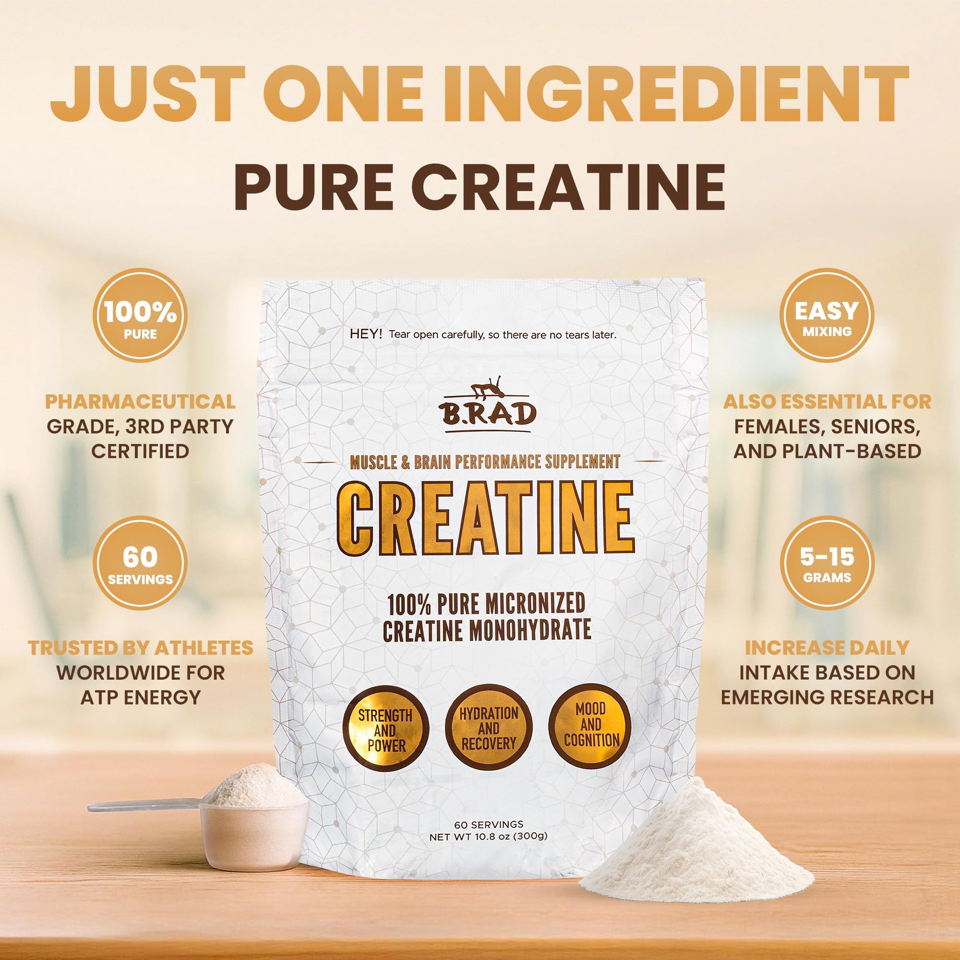 B.rad 100% Pure Micronized Creatine Monohydrate Powder | Natural, No Additives | Boosts Muscle Strength, Recovery & Performance | Supports Brain Health | 300g, 60 Servings B.radAu supplements