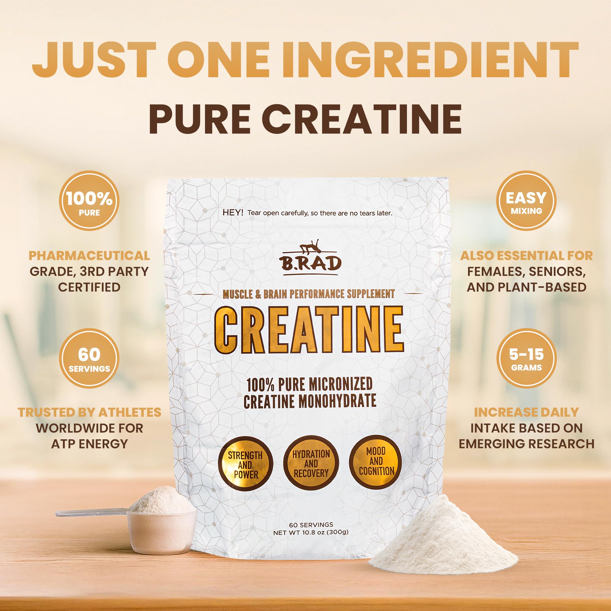 B.rad 100% Pure Micronized Creatine Monohydrate Powder | Natural, No Additives | Boosts Muscle Strength, Recovery & Performance | Supports Brain Health | 300g, 60 Servings B.radAu supplements