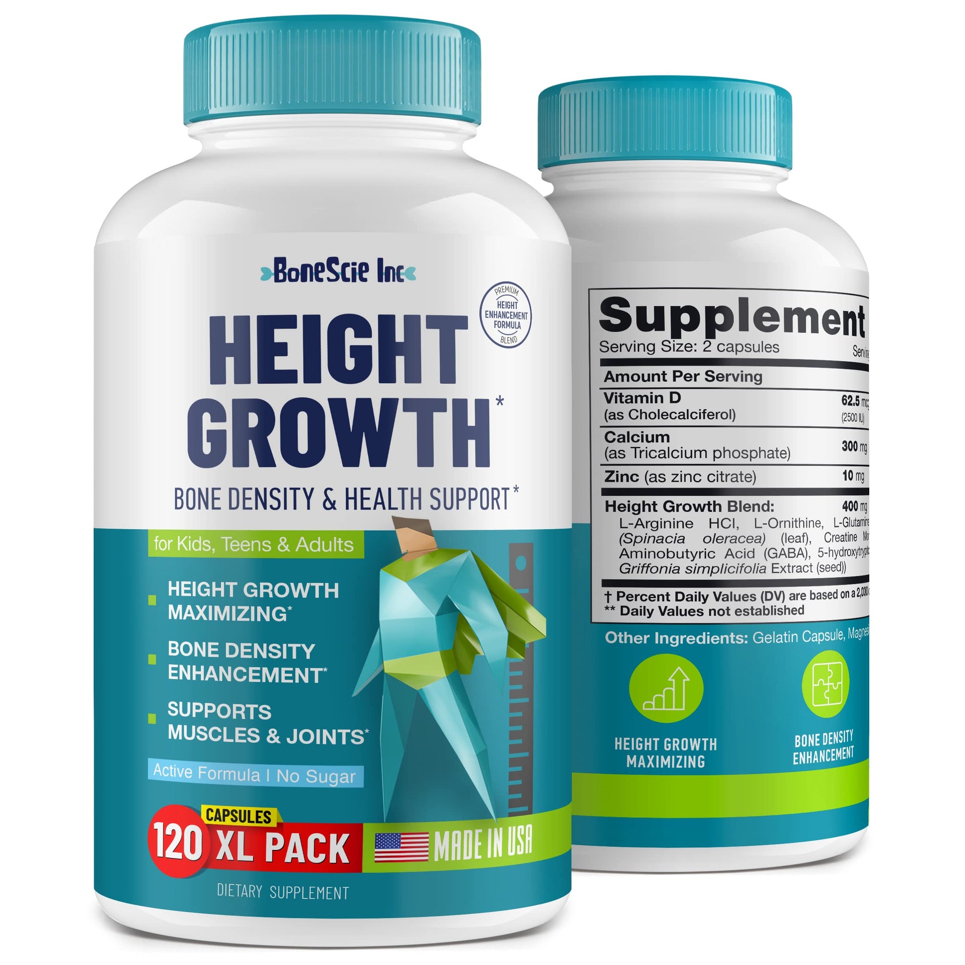 Height Growth Maximizer - Made in USA - Natural Height Increase Booster & Bone Growth Pills - Grow Taller Supplement for Adults, Teens & Kids - Vitamins for Boys & Girls to Get Taller - 120 capsules BONESCIE INCAu supplements