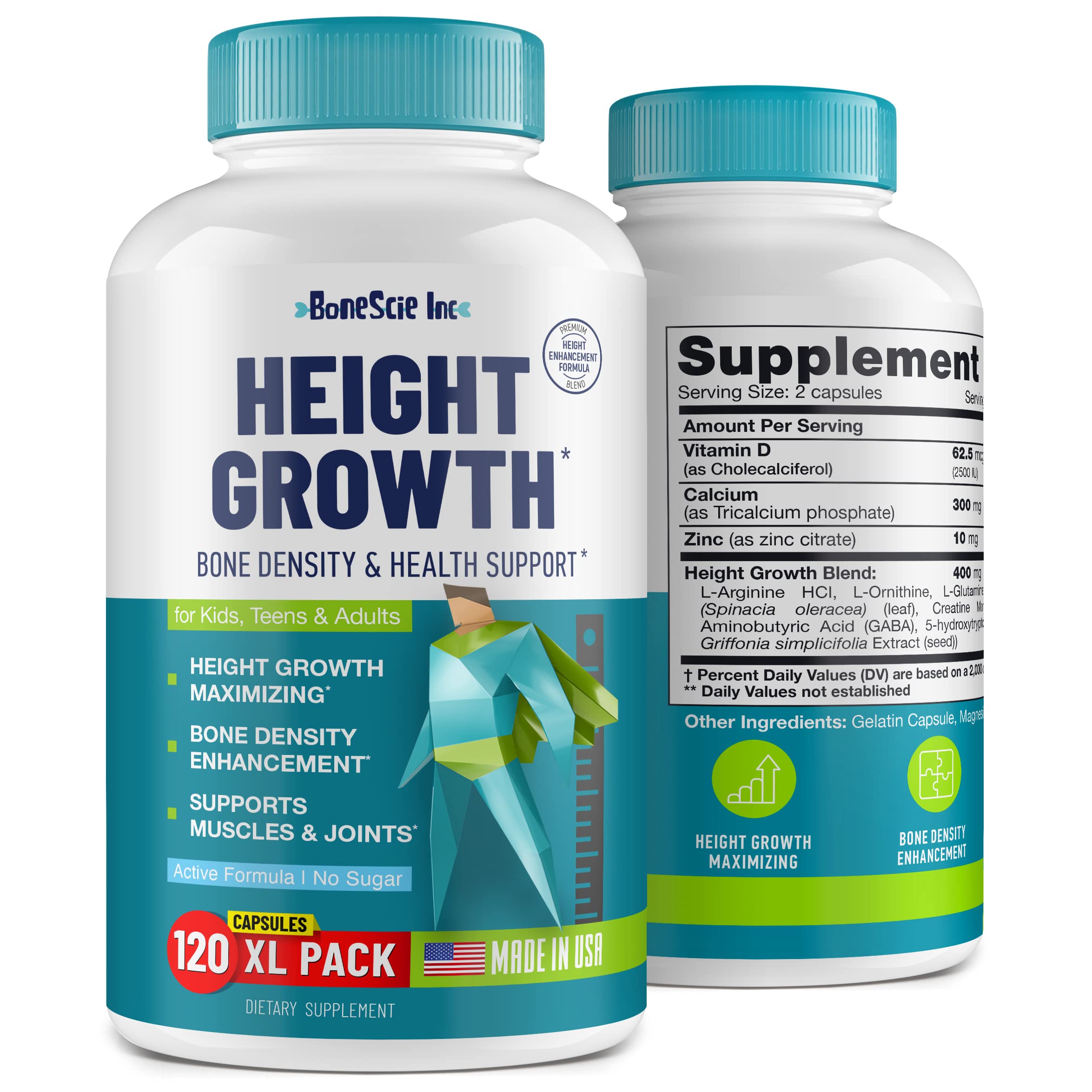 Height Growth Maximizer - Made in USA - Natural Height Increase Booster & Bone Growth Pills - Grow Taller Supplement for Adults, Teens & Kids - Vitamins for Boys & Girls to Get Taller - 120 capsules BONESCIE INCAu supplements