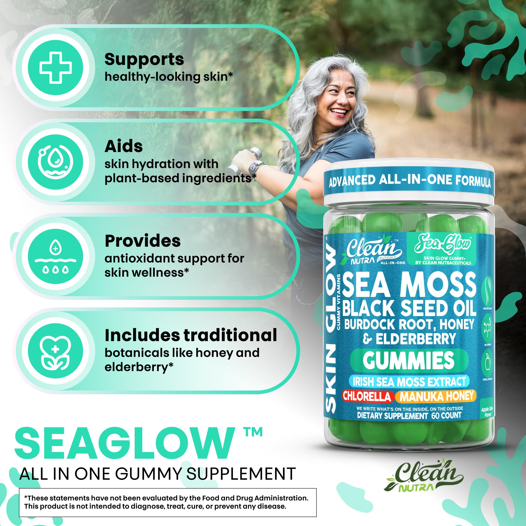 Clean Nutra Sea Moss Gummies Black Seed Oil Chlorella Ashwagandha Root Hair Growth Skin Glow Irish Sea Moss Elderberry Burdock Manuka Honey Trace Minerals Detox 60 Gummy Vitamins Sea Glow Supplement Clean NutraceuticalsAu supplements