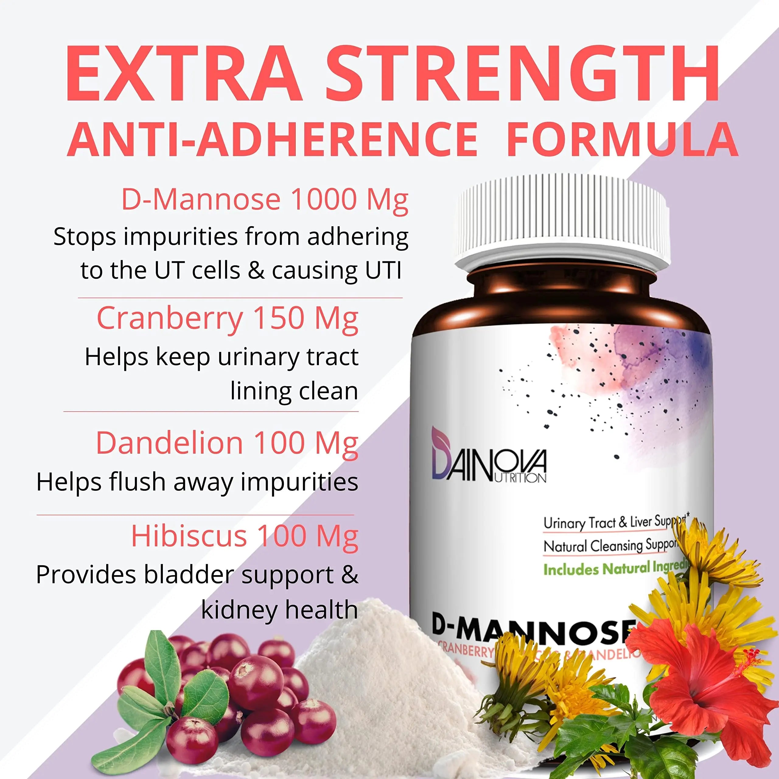 Dainova D Mannose 1350mg with Cranberry I D-Mannose Capsules for UTI Prevention, Urinary Tract Support, Urinary Tract Health for Women, & Cleanse. W/Hibiscus & Dandelion, 120 Veggie Capsules Dainova NutritionAu supplements
