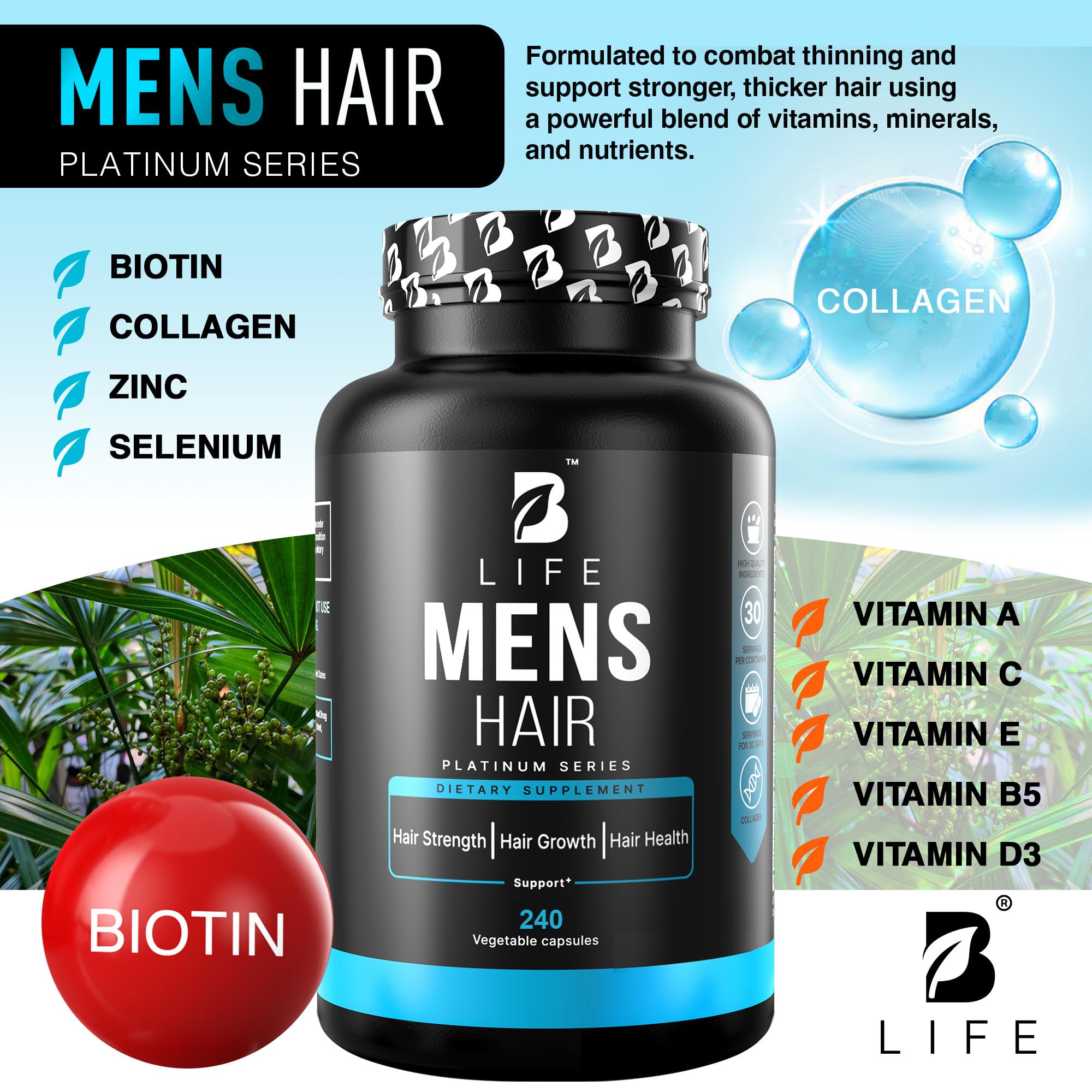 Men’s Hair Growth Supplement – Biotin & Collagen Hair Vitamins for Men – Thicker, Fuller Hair, Nail & Scalp Support – Hair Loss Supplement with Zinc, Selenium & Vitamins A C D E – 240 Capsules B Life CompanyAu supplements
