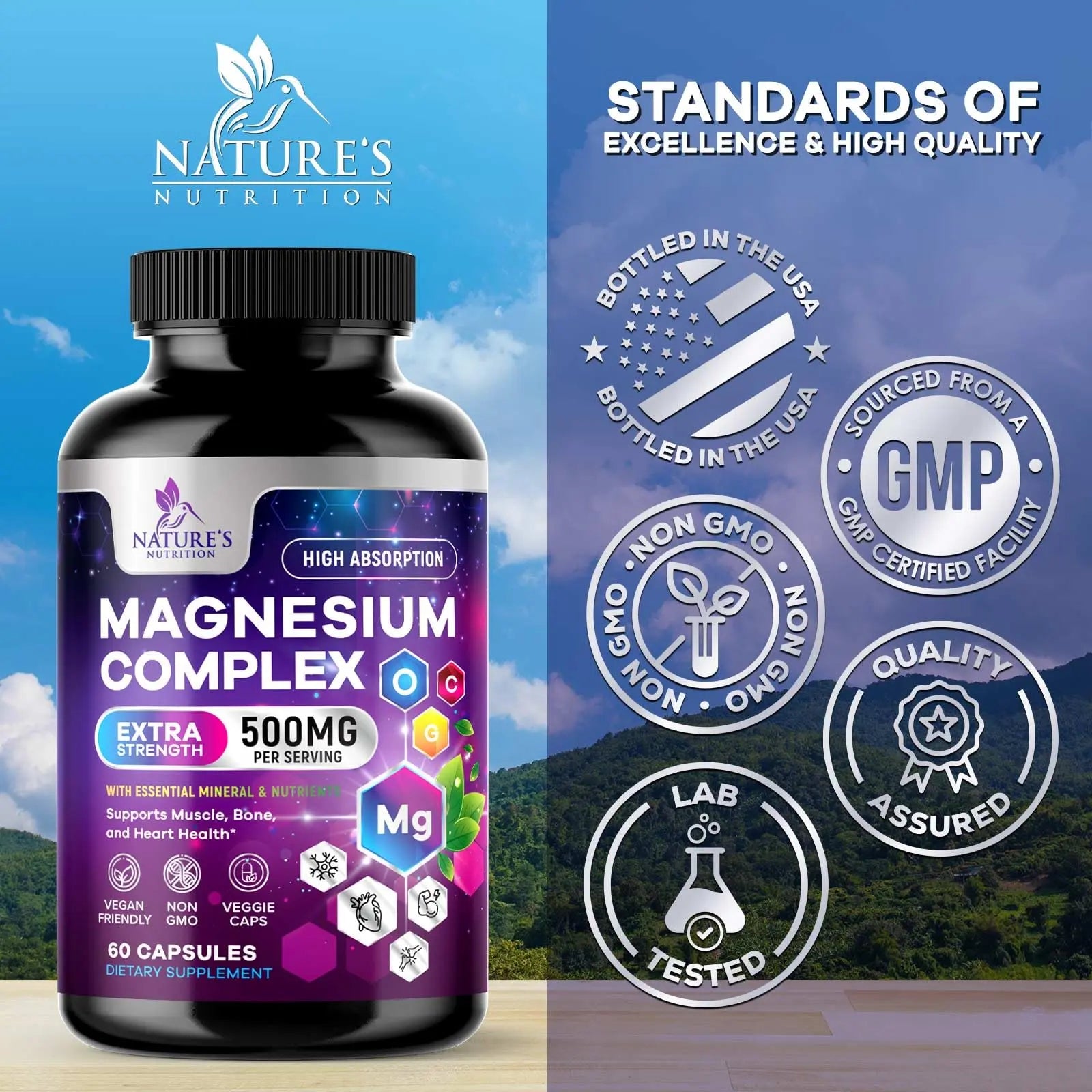 Magnesium Complex Supplement - Magnesium 500 mg Per Serving - 4 in 1 High Absorption Blend - 100% Chelated Magnesium Glycinate with Malate, Citrate & Oxide - Vegan Complex - USA Bottled - 60 Capsules Nature's Nutritionnz supplements