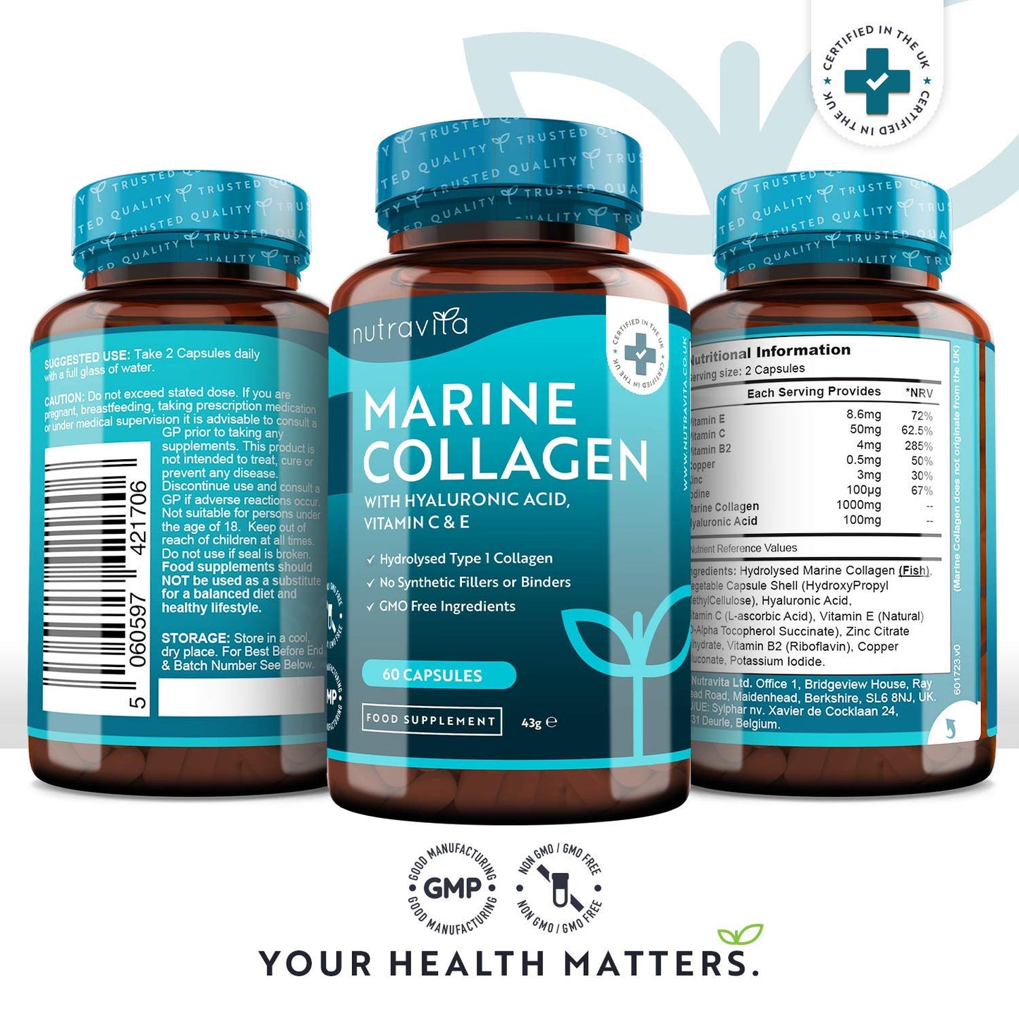 Marine Collagen 1000mg - 60 Capsules of Superior Type 1 Hydrolysed Collagen NutravitaUS supplements