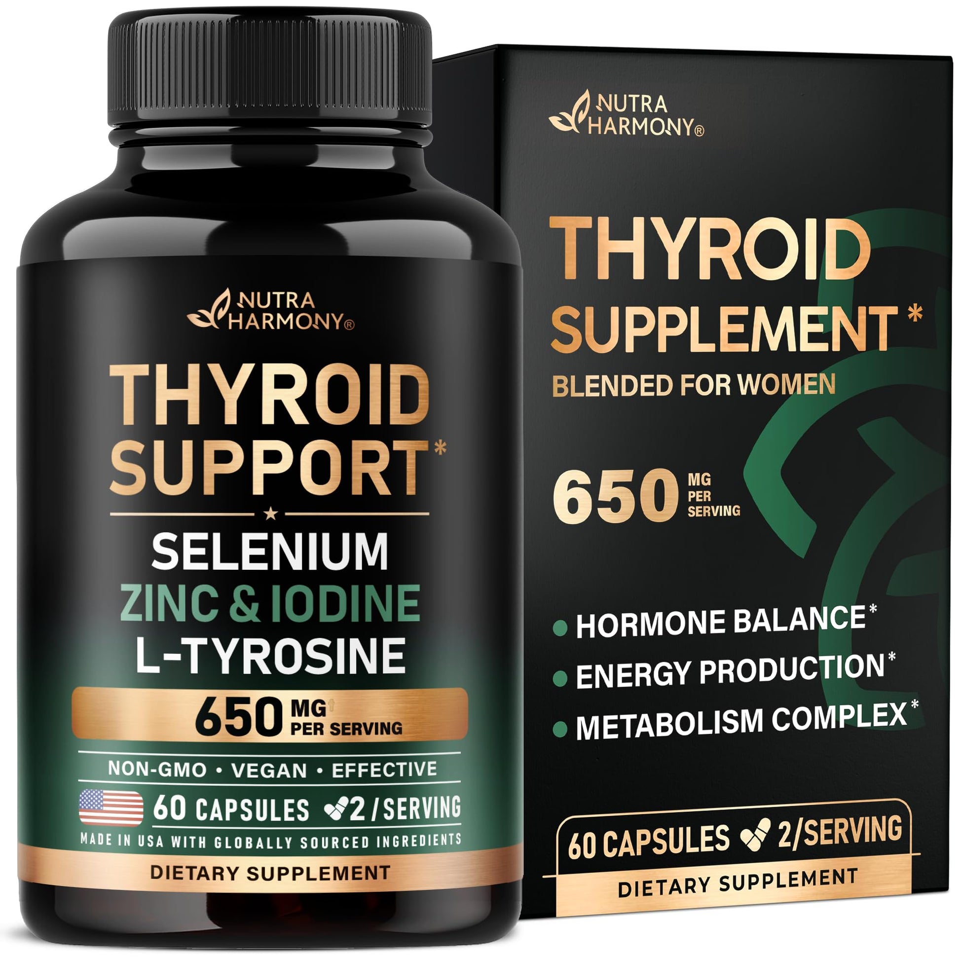 Thyroid Support for Women - Selenium 200 mcg | Astragalus | Zinc & Iodine | L-Tyrosine | Adaptogen Herbs - 21-in-1 Antioxidant & Immune Support - Made in USA - Vegan, Non-GMO, Lab Tested - 60 Capsules NUTRAHARMONYAu supplements