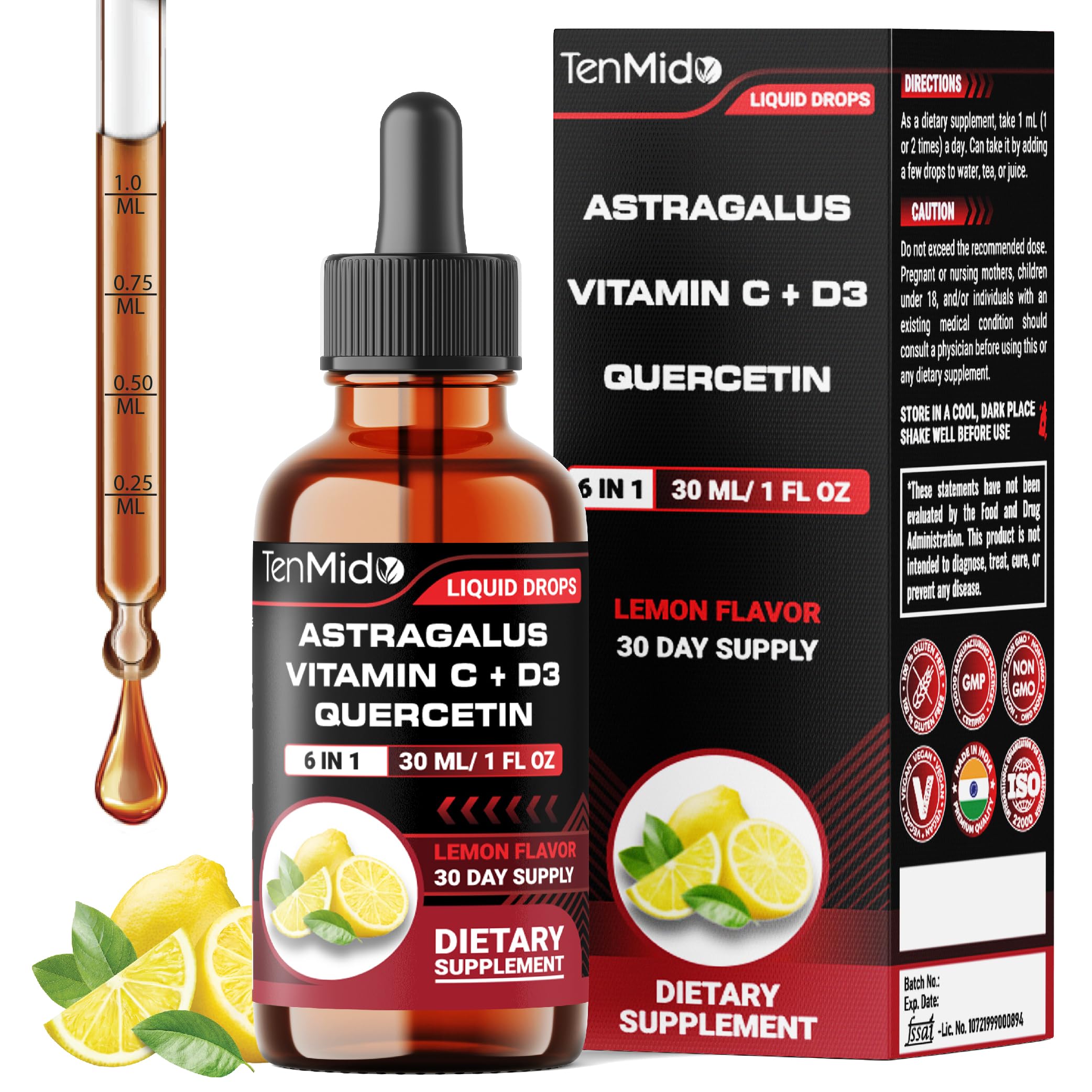 Tenmido 6-in-1 Astragalus Root Tincture - Herbal Extract Supplements with Quercetin, Rhodiola Rosea, Vitamin D3, Vitamin C, and Zinc - Vegan, Non-GMO - 30ml 1 Fl Oz TenmidoAu supplements