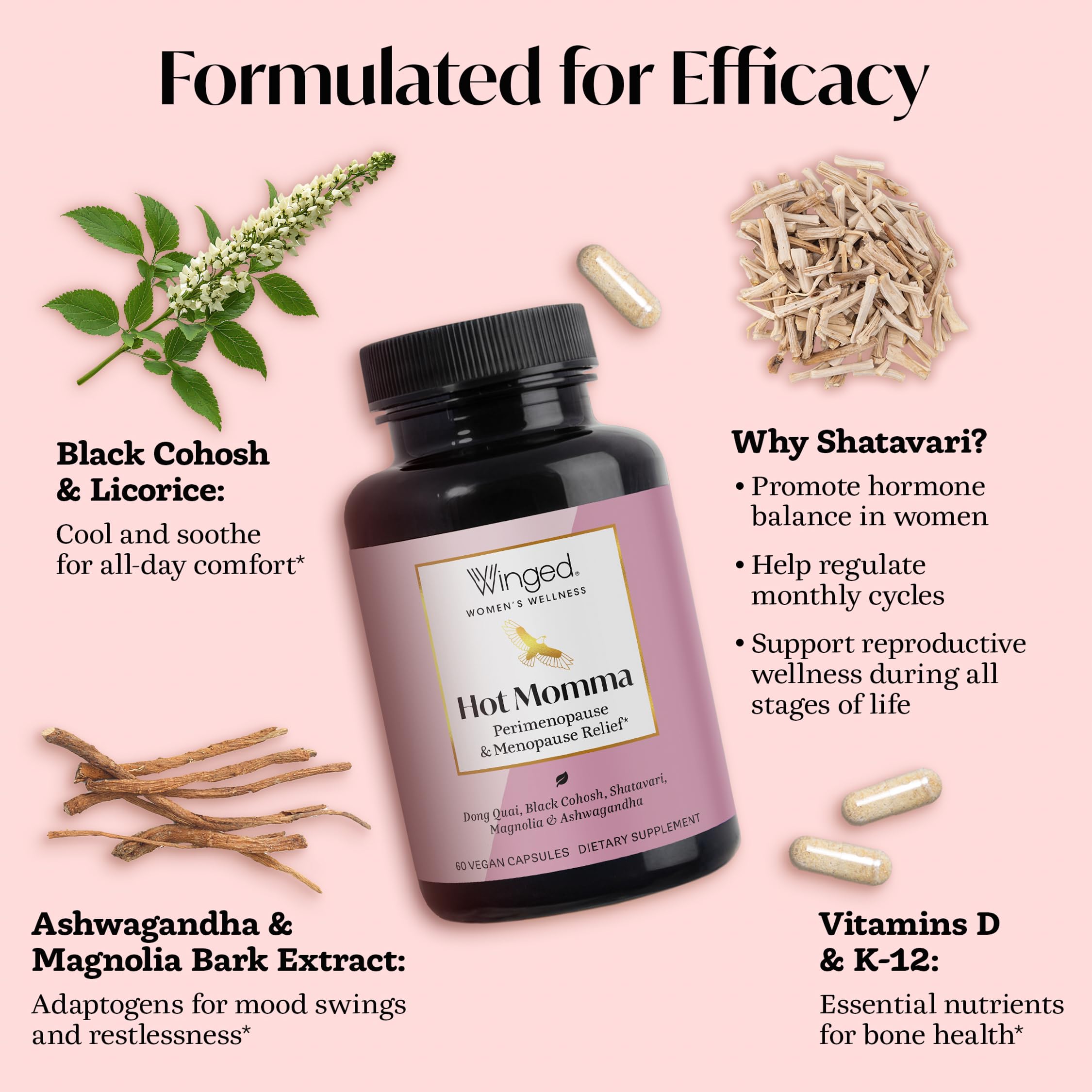 Winged Wellness Hot Momma Menopause Supplements for Women - Hormone-Free Menopause Relief Support for Hot Flashes & Night Sweats with Chaste Tree Berry, Multivitamins & Shatavari - 60 Vegan Capsules Winged WellnessAu supplements