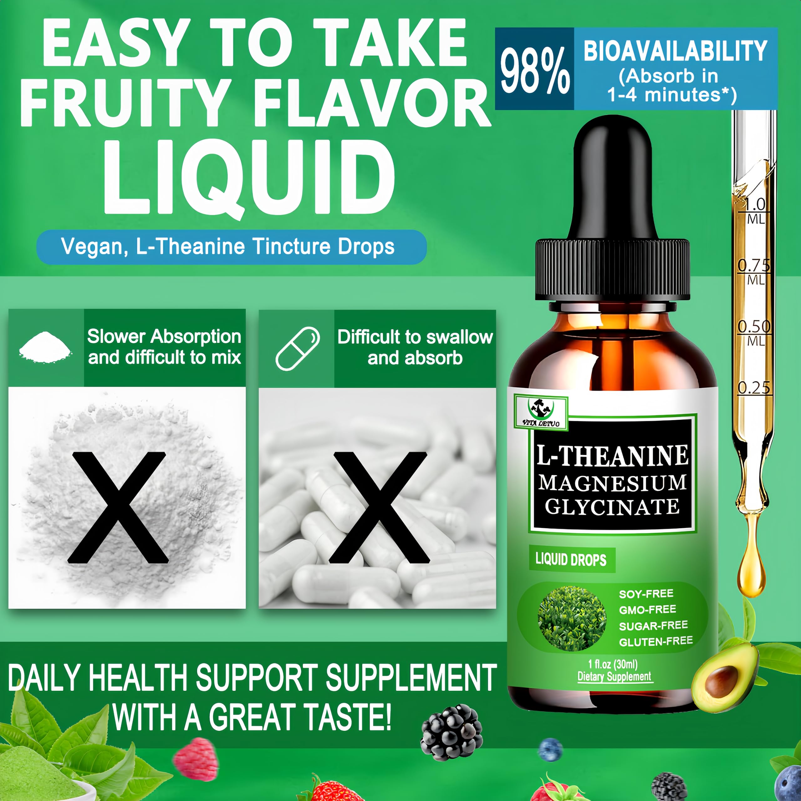 L Theanine Drops, Liquid L-Theanine Supplement 200mg w/Magnesium Glycinate,Vitamins,Fiber for Relaxation,Sleep,Digestion, Calm,High Absorption Mood Support for Adults & Kids,Plant Based,Non-GMO Vita letuoAu supplements