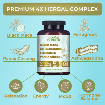 Why Not Natural 4-in-1 Organic Black Maca Root, Ashwagandha, Fenugreek, Panax Ginseng Capsules, Supplement for Men and Women (120 Count (Pack of 1) Why Not NaturalUS supplements
