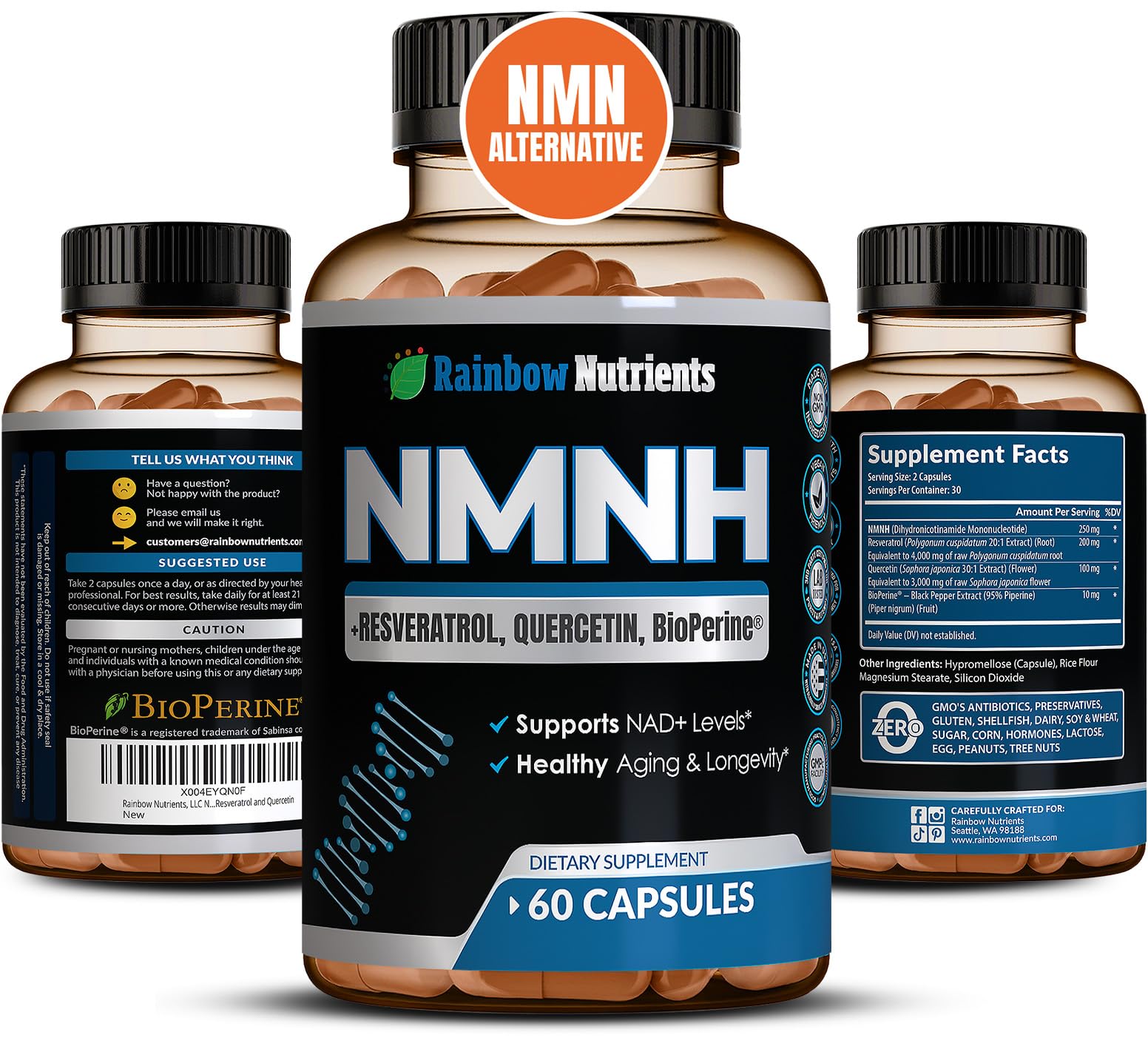 NMNH Supplement (NMN Alternative) NAD Booster for Anti-Aging, Cellular Energy & Nice Skin- Dihydronicotinamide mononucleotide, Resveratrol, Quercetin & BioPerine® for Max Absorption- 60 caps Rainbow Nutrients, LLCAu supplements