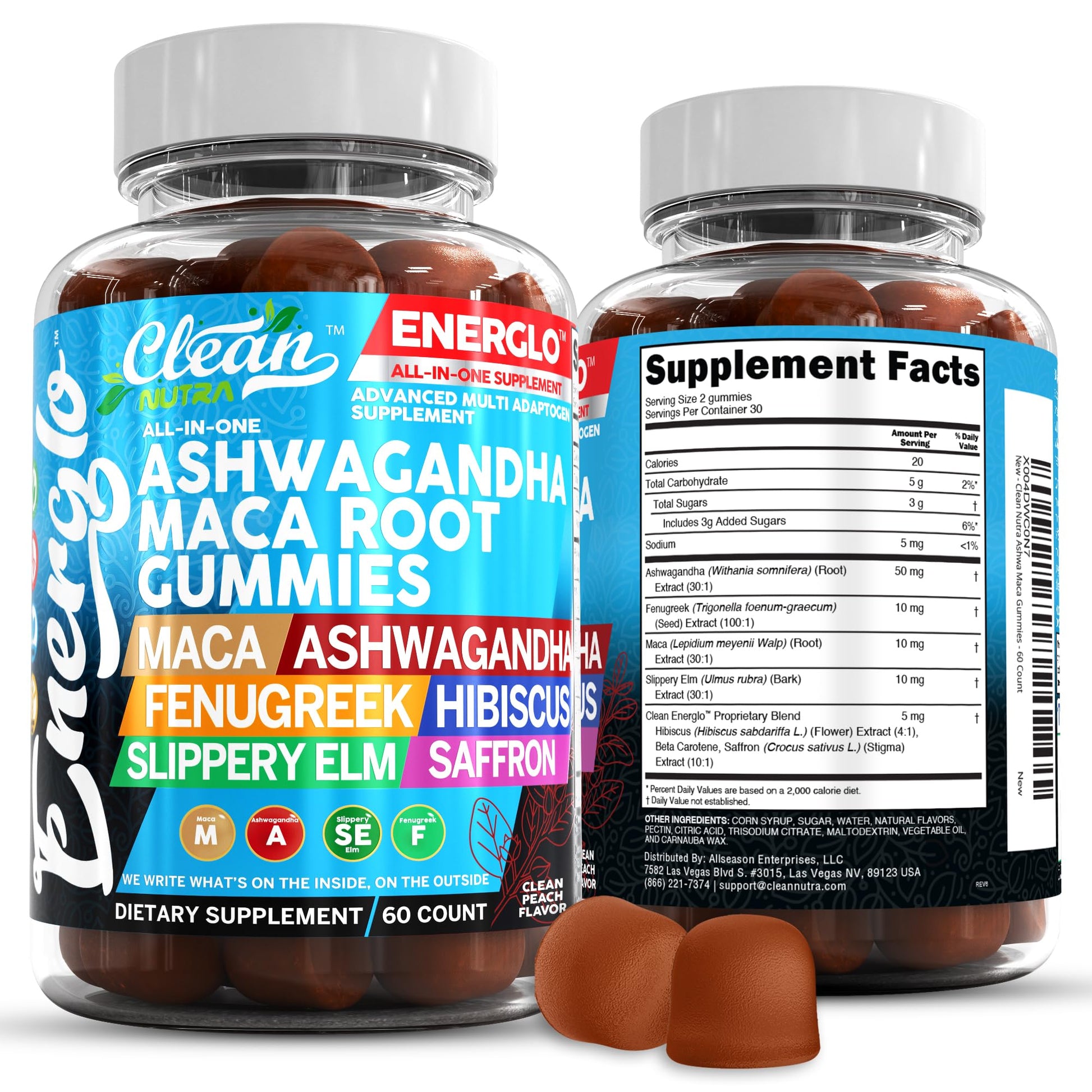 Ashwagandha Maca Root Gummies with Fenugreek Hibiscus Slippery Elm Saffron Extract & Beta Carotene | Peach Flavor Vegan Gummy Vitamins Adaptogen Cortisol Supplement Energlo by Clean Nutra Clean NutraceuticalsAu supplements