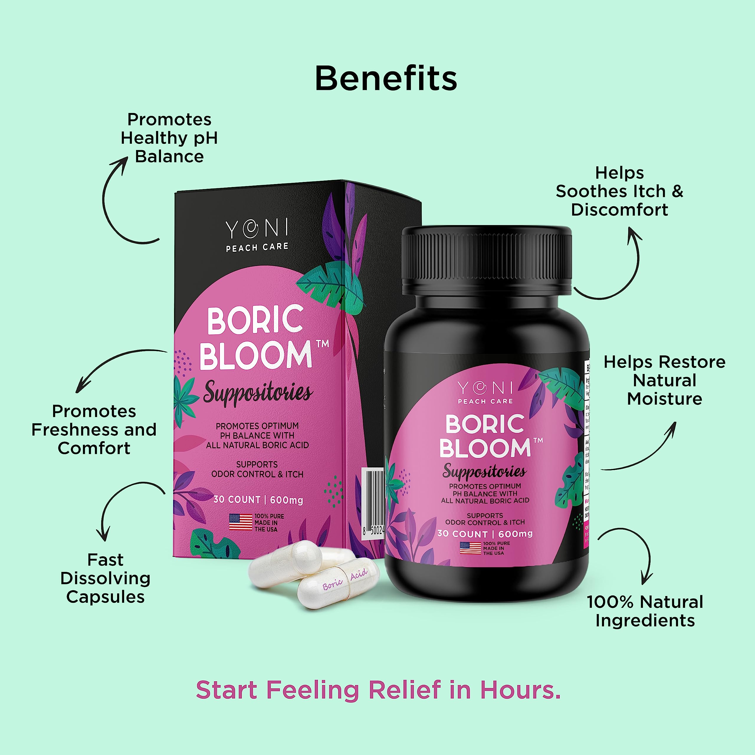 Boric Acid Suppositories - Vaginial Suppository Bacterial Vaginosis, pH Balance for Women Pills Yoni Peach CareAu supplements