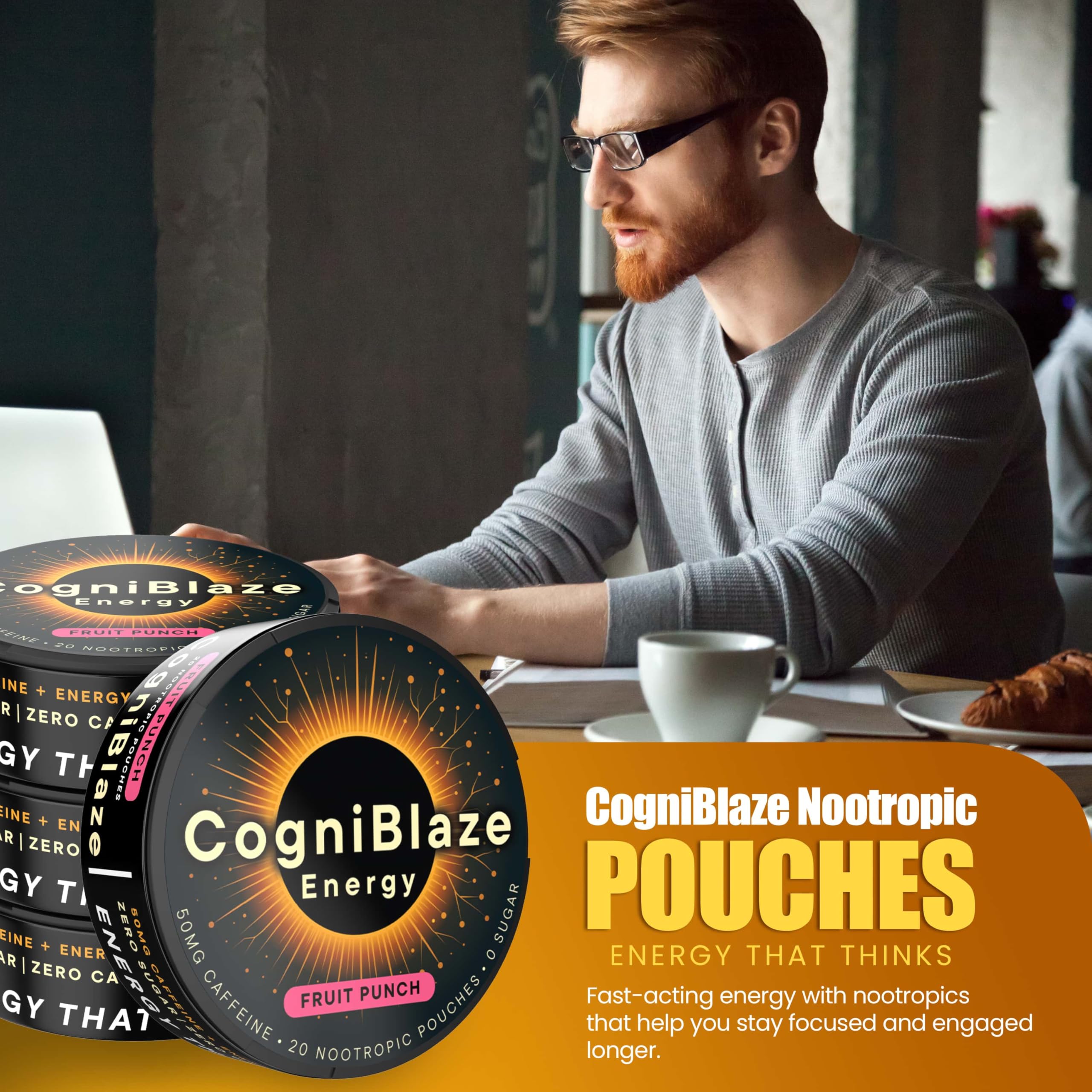 CogniBlaze Caffeine Pouches (Fruit Punch) | Nootropic Energy Pouches with 50mg Caffeine, Alpha GPC, L-Tyrosine & L-Theanine | Zero Sugar | No Artificial Sweeteners | 4 Pack (80 Total) CogniBlazeAu supplements