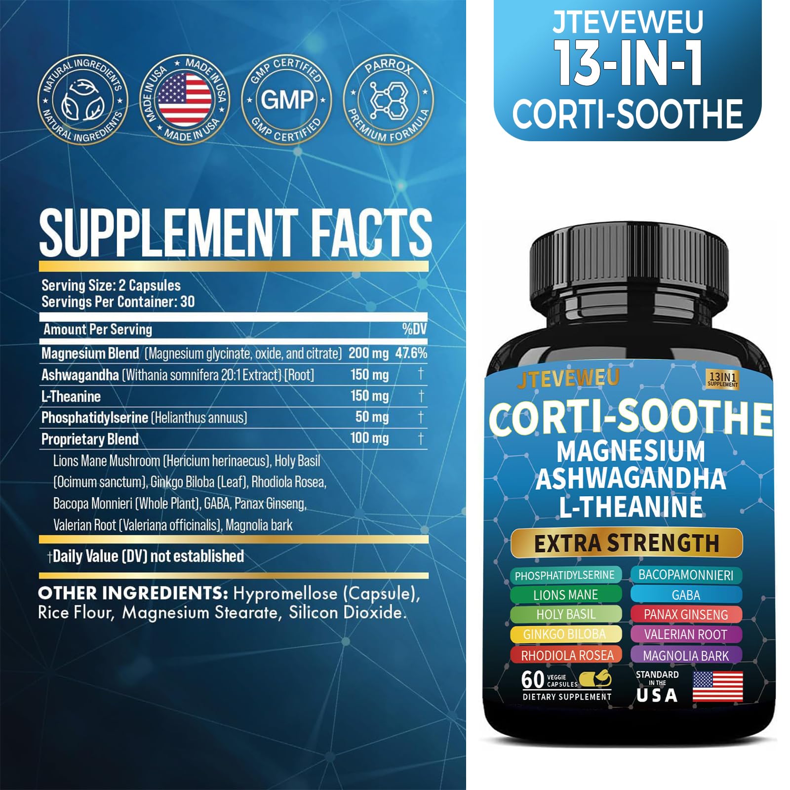 Corti-Soothe Cortisol Supplement for Women and Men with Magnesium Glycinate 200mg, L-Theanine 150mg, Phosphatidylserine 50mg & Manager Holy Basil Ginkgo Biloba Bacopa Monnieri Valerian 60 Capsules JTEVEweuAu supplements
