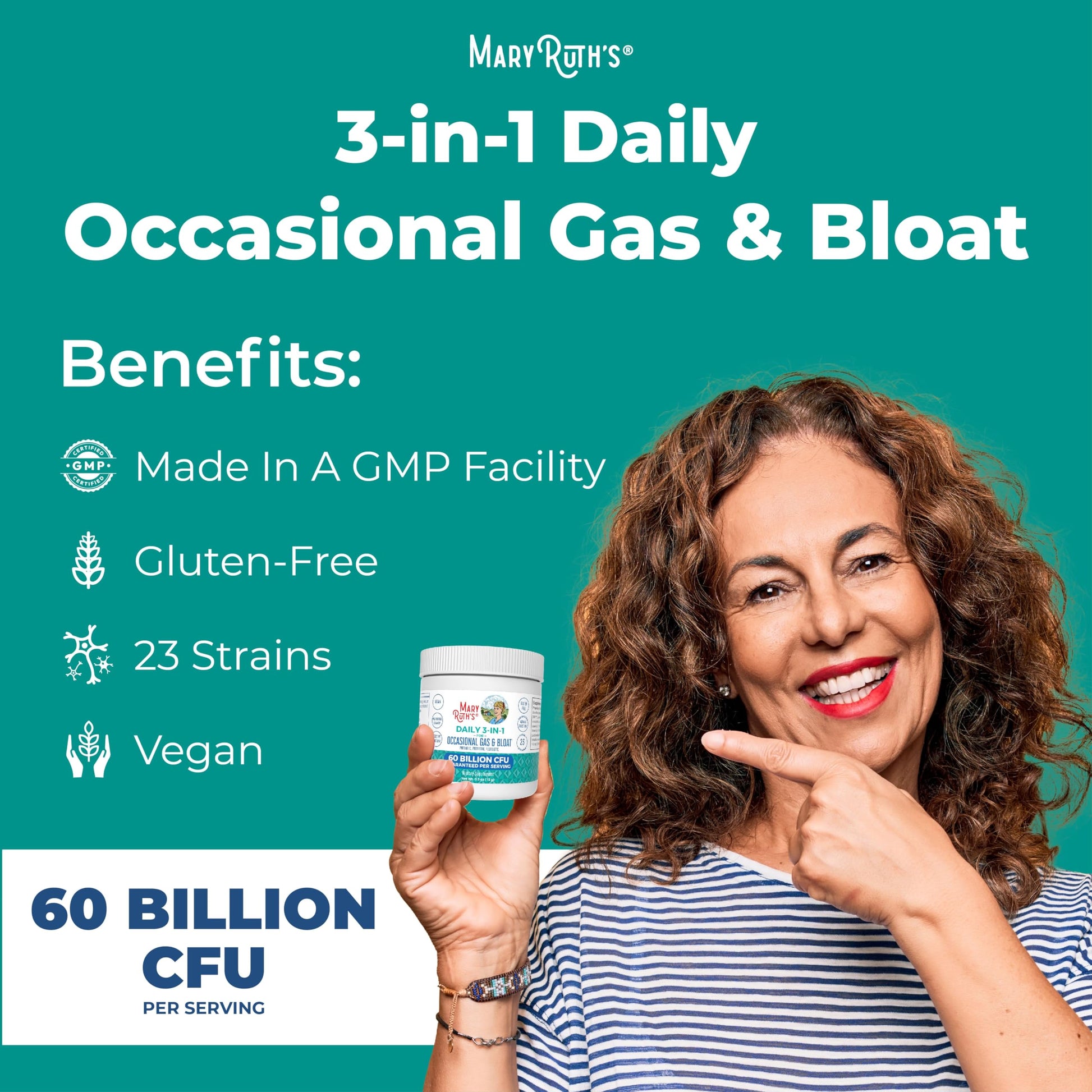 MARYRUTH'S 3-in-1 Gas & Bloat Probiotic Powder | Probiotics for Normal Digestive Function | Probiotics for Women & Men | Prebiotics & Postbiotics | 60 Billion CFU | 23 Unique Strains | 0.5 oz MARYRUTH'SAu supplements