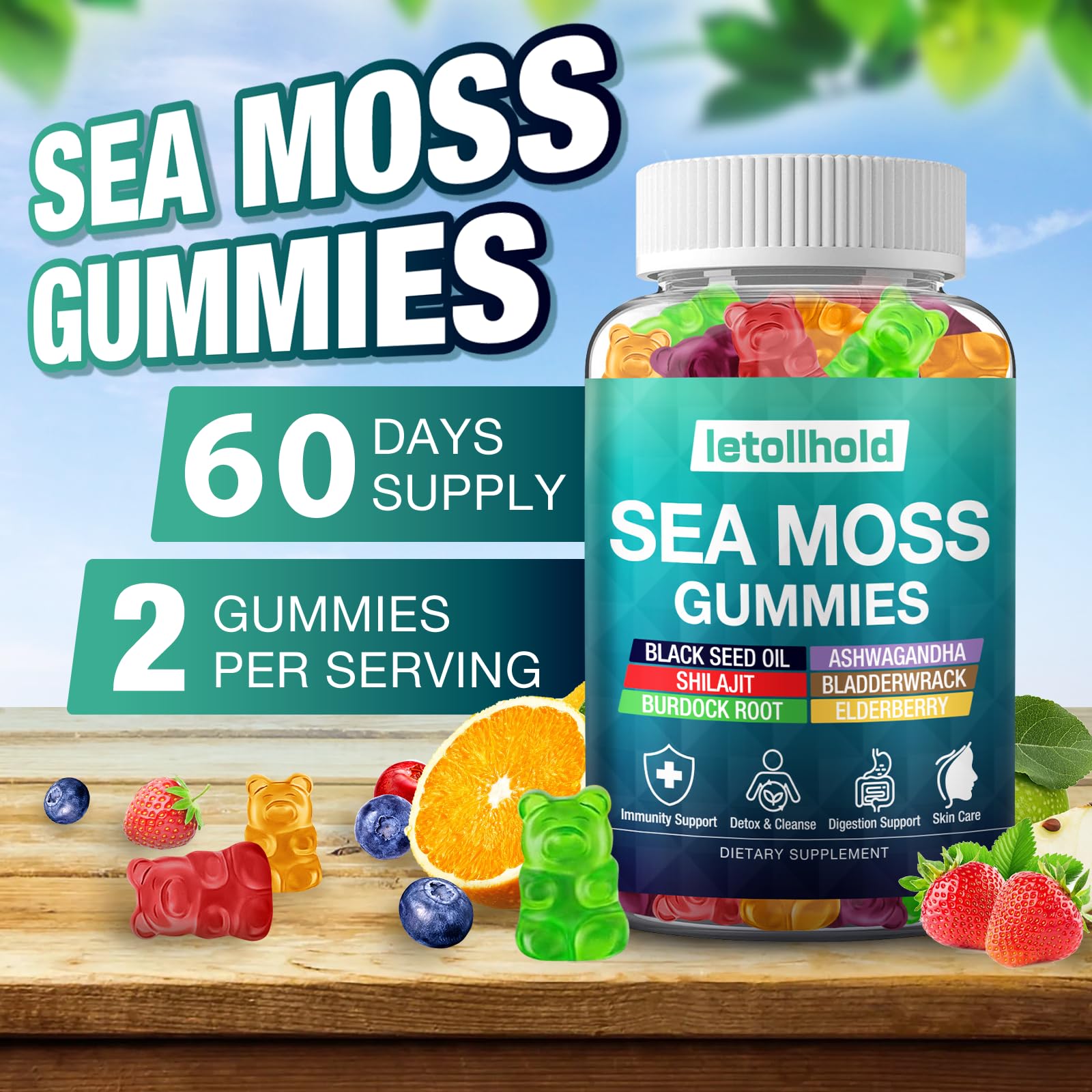Sea Moss Gummies - Irish Sea Moss Gummies Advanced for Adults with Ashwagandha Bladderwrack & Burdock Root for Supports Immune，Energy - 60 Vegan Gummy,5PCS letollholdAu supplements
