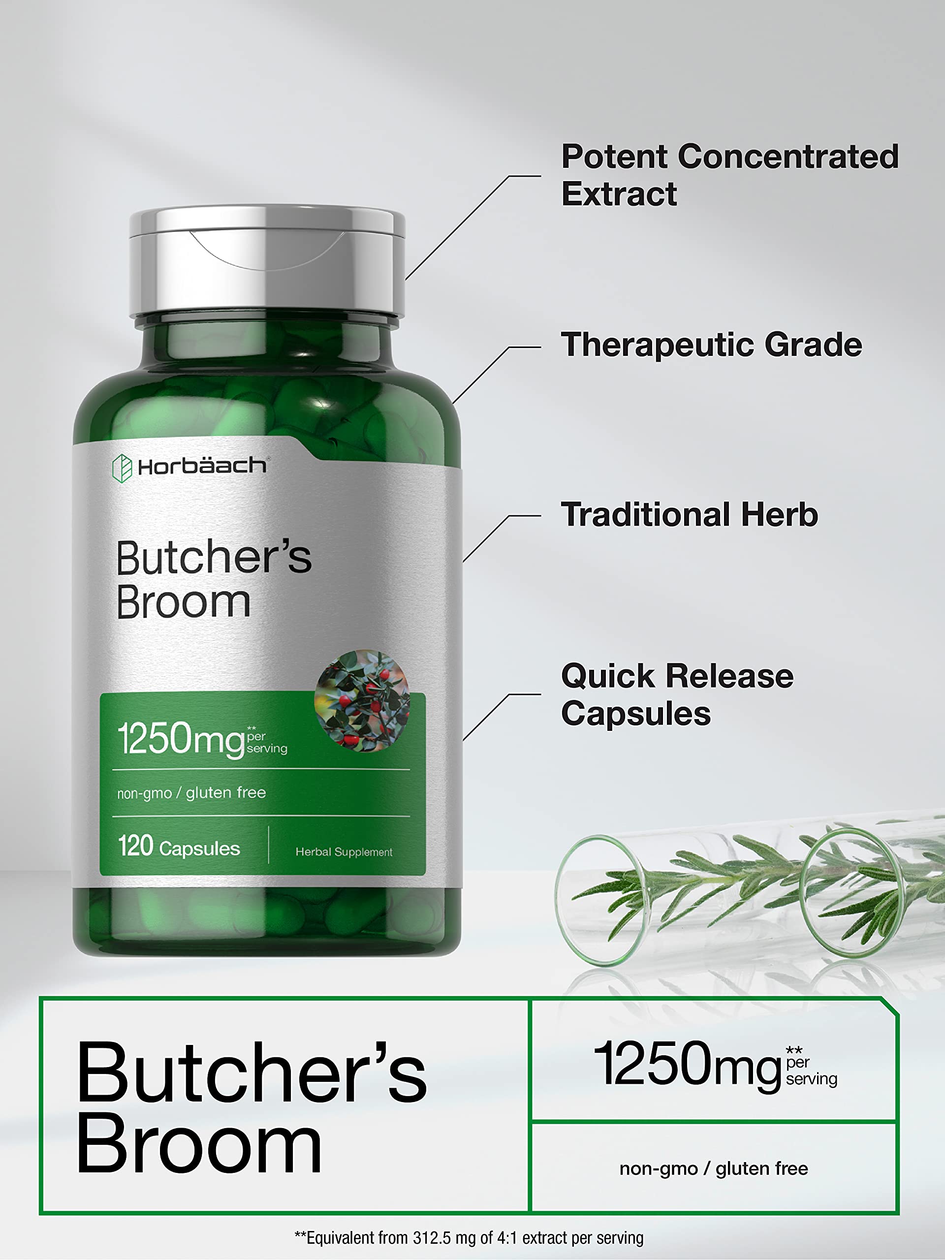 Butchers Broom Capsules 1250mg | 120 Count | Non-GMO, Gluten Free | Traditional Herb HorbäachAu supplements